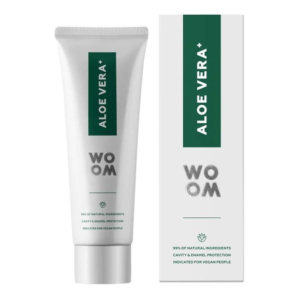 Zahnpasta-Tube und Schachtel. Tube weiß mit grünem Streifen und Schriftzug ALOE VERA+. Schachtel mit gleichem Design.