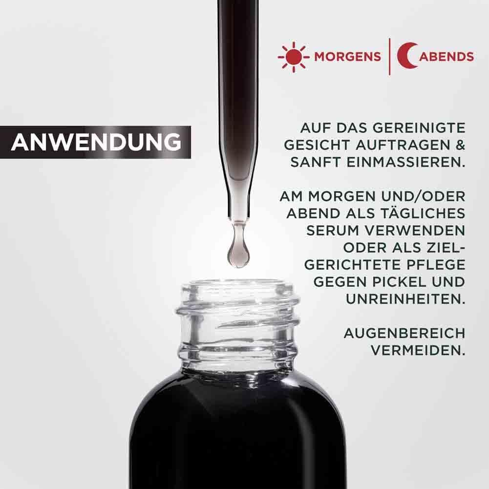 Serumflasche mit Pipette. Text: Anwendung: Morgens/abends auf gereinigtes Gesicht auftragen. Augenbereich vermeiden.