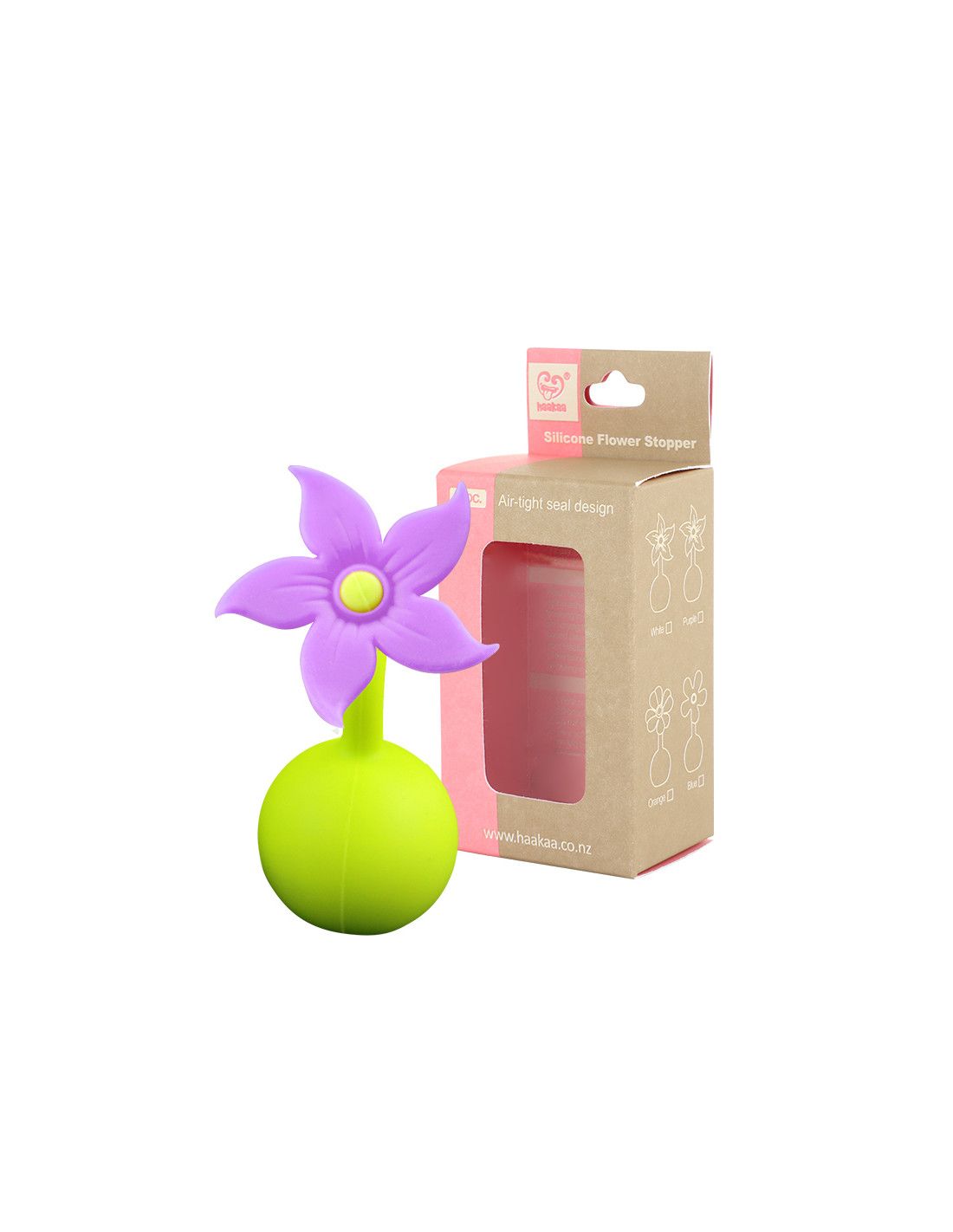 Lila Blütenverschluss mit grünem Stiel und Kugel. Verpackung mit Produktname und Logo.