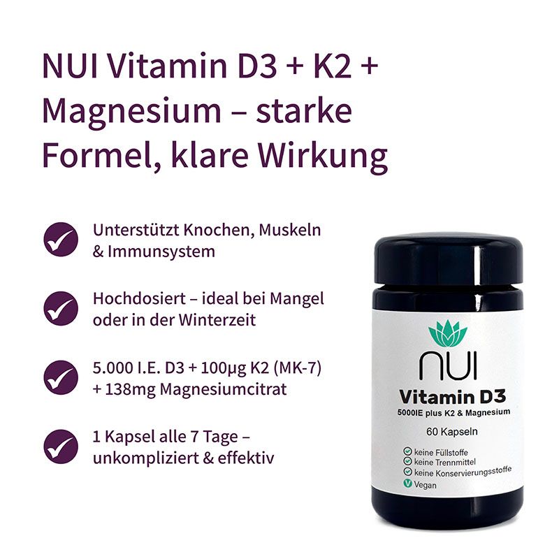 NUI Vitamin D3&K2 mit Magnesium. Flasche mit 60 Kapseln. Unterstützt Knochen, Muskeln & Immunsystem. Hochdosiert.