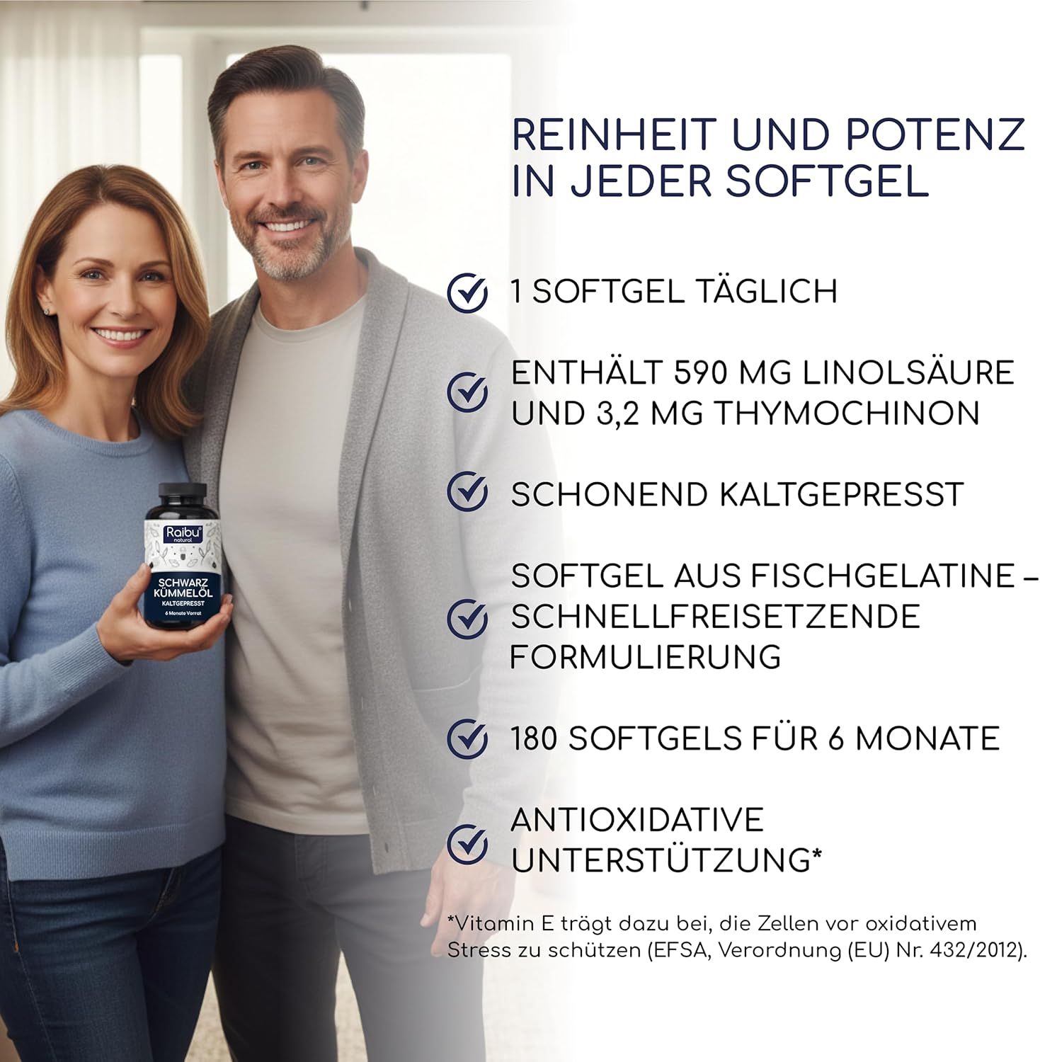 Mann und Frau halten eine Flasche Schwarzkümmelöl Kapseln. Text: 1 Softgel täglich, 180 Softgels für 6 Monate, antioxidative Unterstützung.