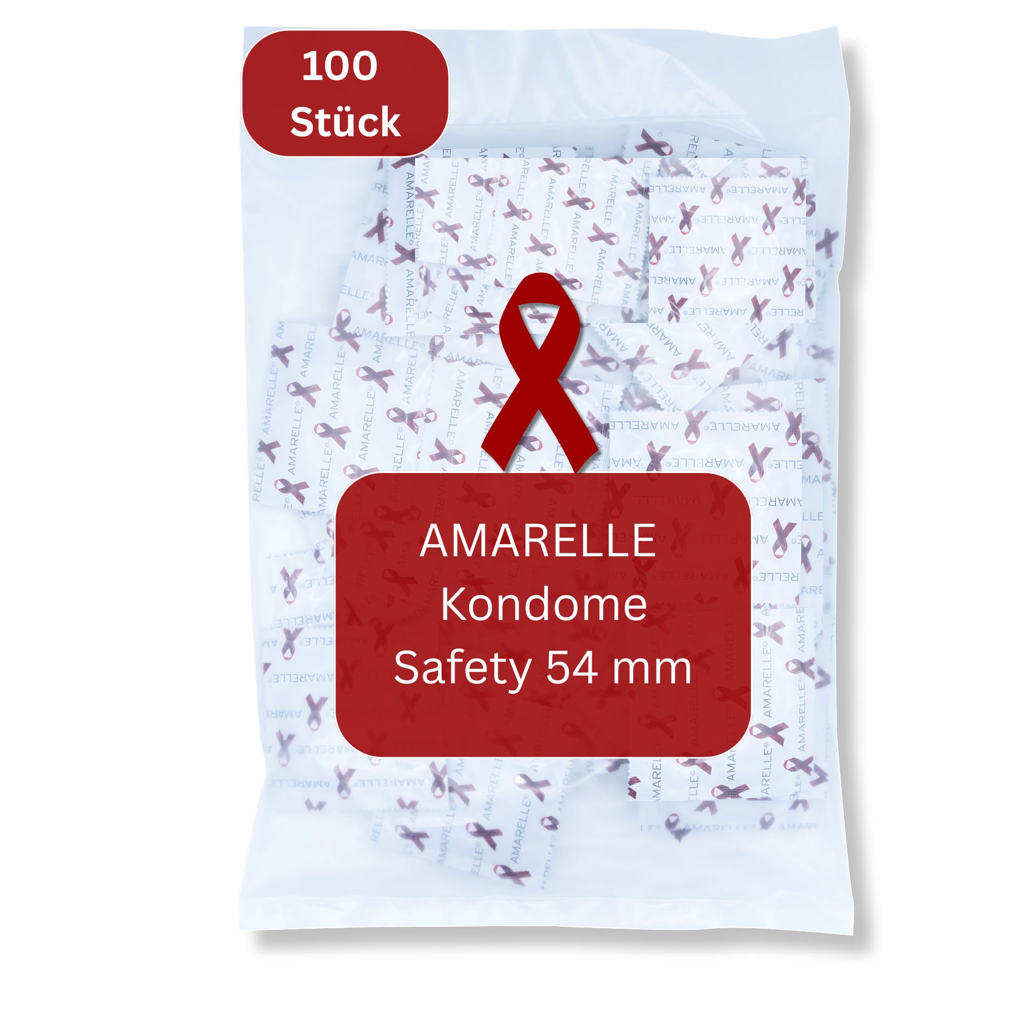 Beutel mit Kondomen. Roter Aufdruck: AMARALLE Kondome Safety 54 mm. Oben: 100 Stück. Rotes Band-Symbol.