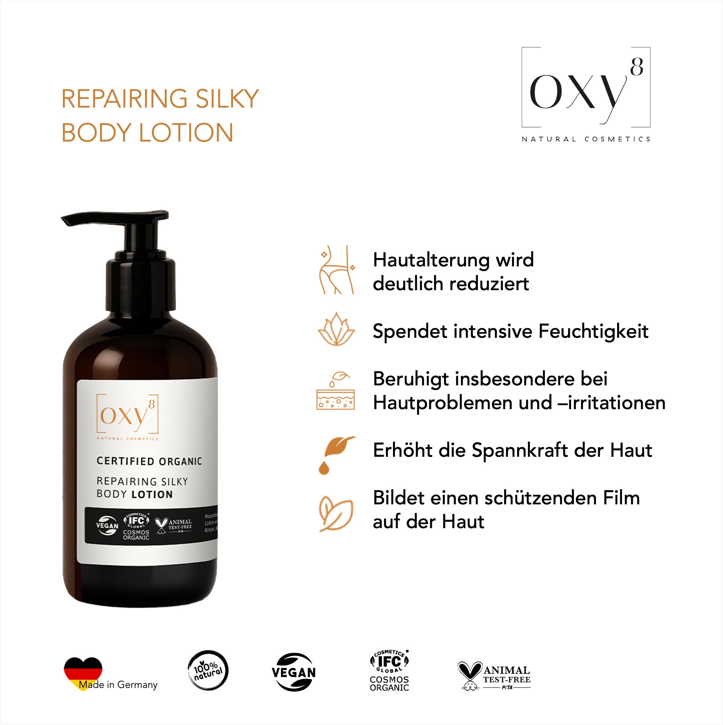 Produktflasche mit Text und Icons. Text: Repairing Silky Body Lotion. Icons: Hautalterung, Feuchtigkeit, Hautprobleme, Elastizität.