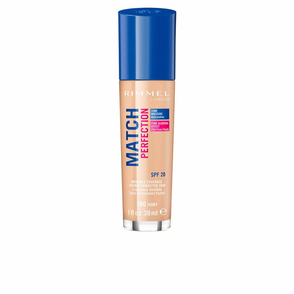 Flakon Foundation mit blauem Deckel. Aufschrift: Rimmel London, Match Perfection, SPF 20, 100 Ivory. 30 ml.