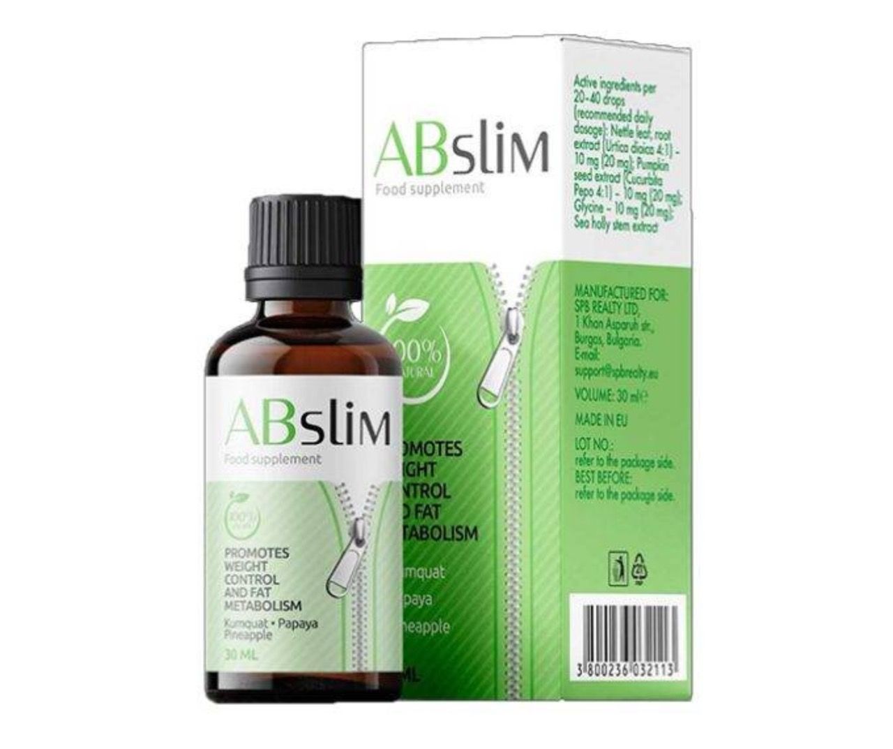 AB Slim Tropfen: Braunes Glas mit schwarzem Deckel, 30 ml. Grüne Verpackung mit Produktinformationen.