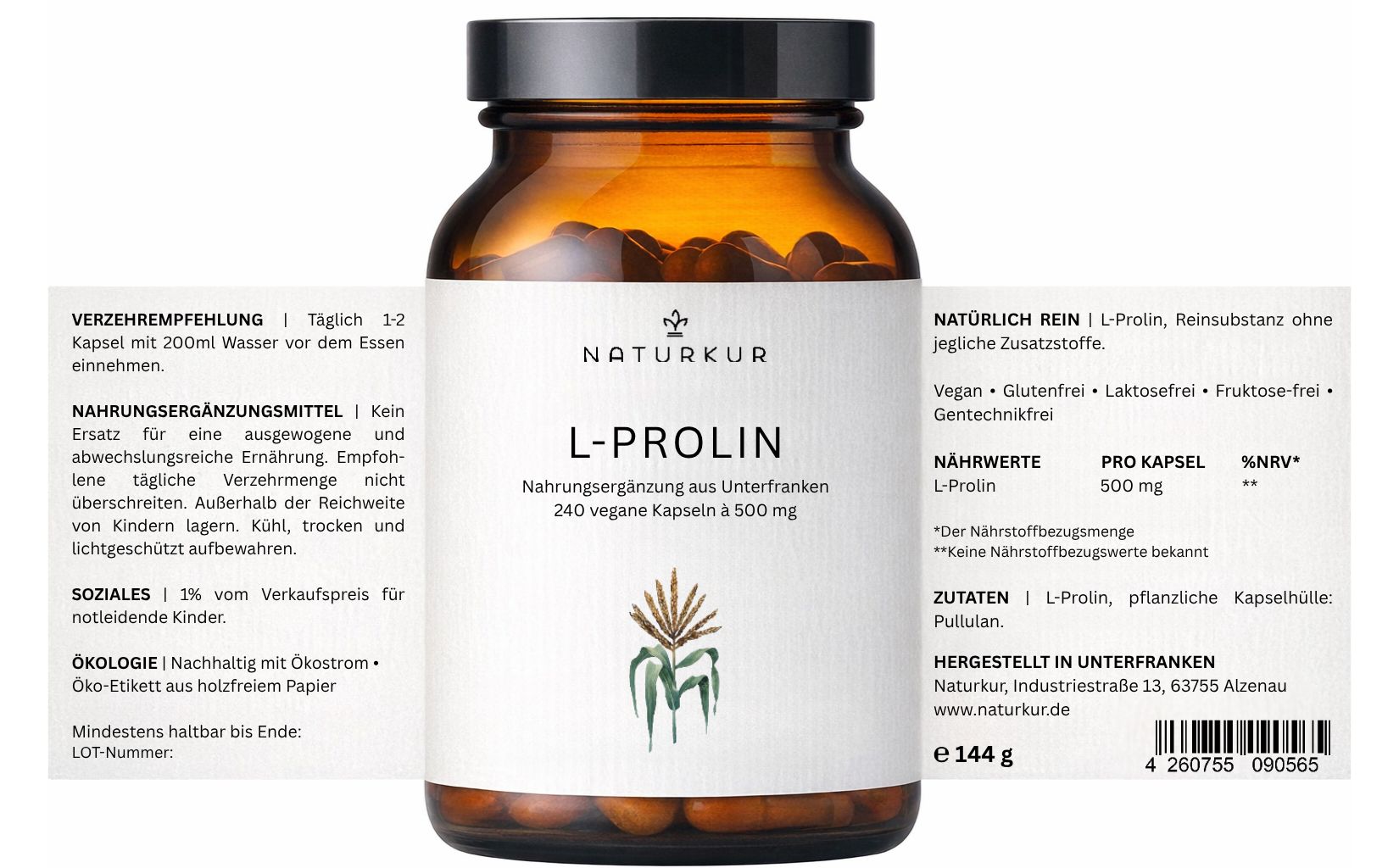 Naturkur L-Prolin: Braunglasflasche mit 240 veganen Kapseln à 500 mg. Beipackzettel mit Nährwertangaben und Inhaltsstoffen.