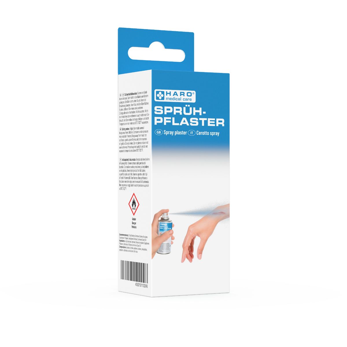 Haro Sprühpflaster-Verpackung. Blaue und weiße Schachtel mit Produktnamen und Logo. Eine Hand sprüht das Produkt auf eine andere Hand.