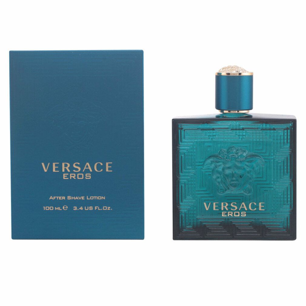 Blaues Flakon mit goldfarbenem Verschluss und blauer Verpackung. Aufschrift: VERSACE EROS, After Shave Lotion.