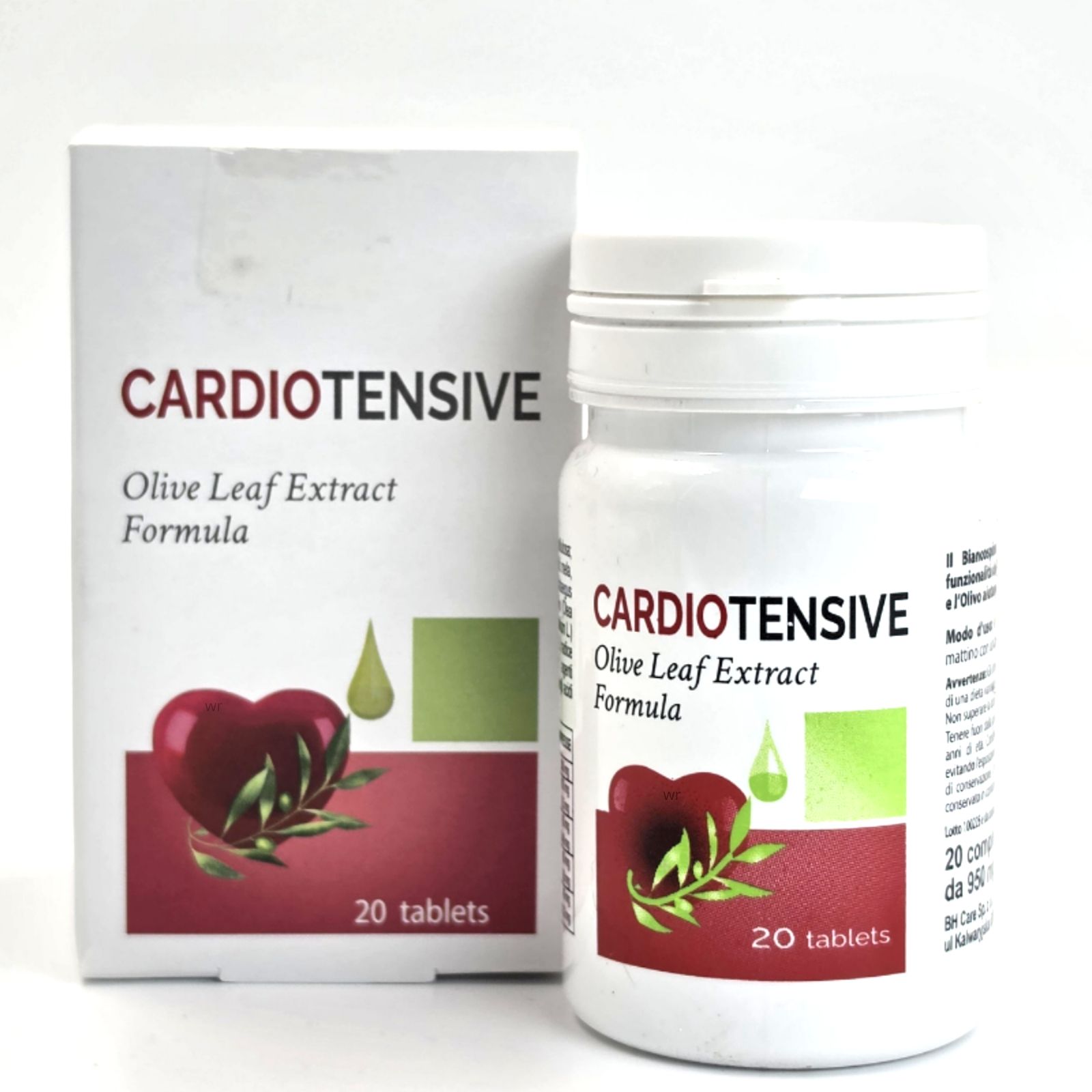 Weiße Flasche und Schachtel mit CARDIO TENSIVE, Olivenblattextrakt-Formel, Herz-Design, 20 Tabletten. Flasche und Schachtel nebeneinander.