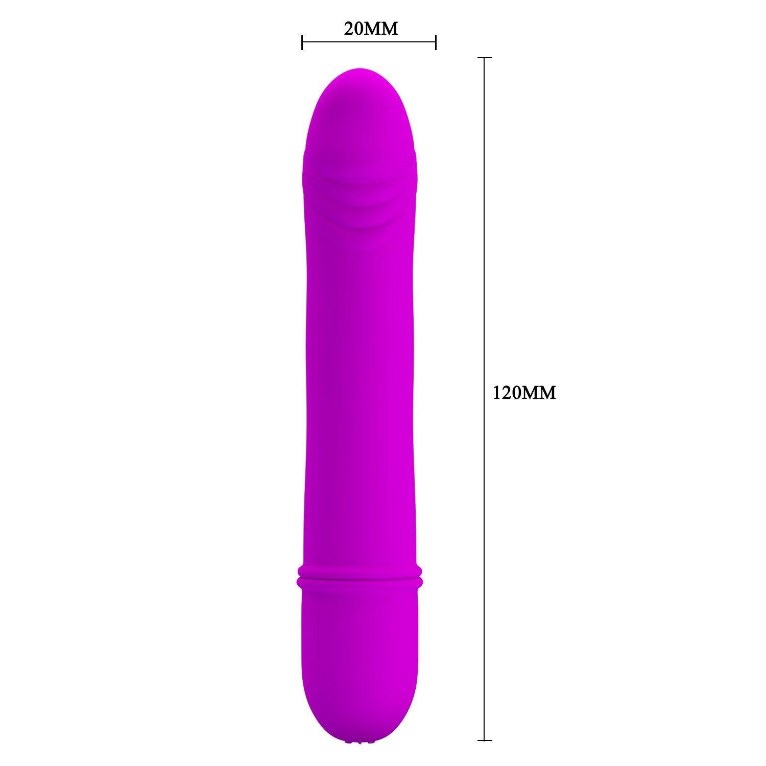 Lila Vibrator mit geriffelter Spitze. Abmessungen: 120mm lang, 20mm breit. Abgerundete Basis.