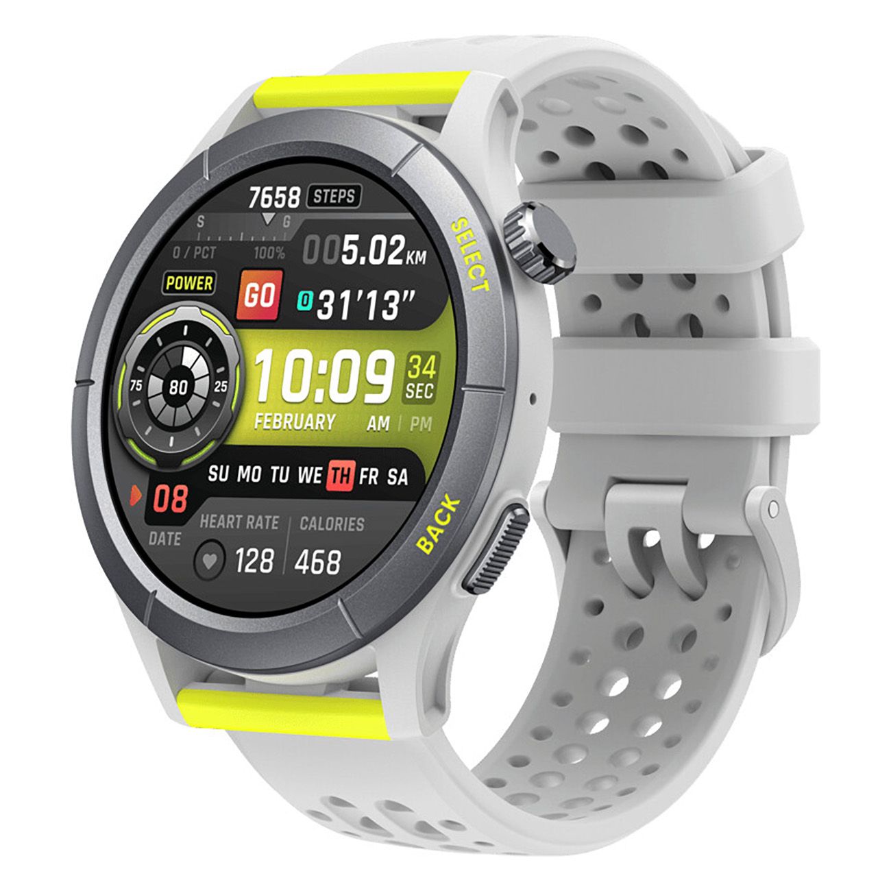 Runde Smartwatch mit weißem Armband. Zeigt Schritte, Distanz, Zeit, Herzfrequenz und Kalorienverbrauch an.