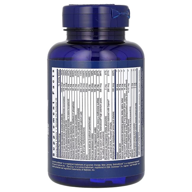Rückseite der Flasche mit Nährwertangaben und Inhaltsstoffen für Life Extension Two-Per-Day Multivitamin.