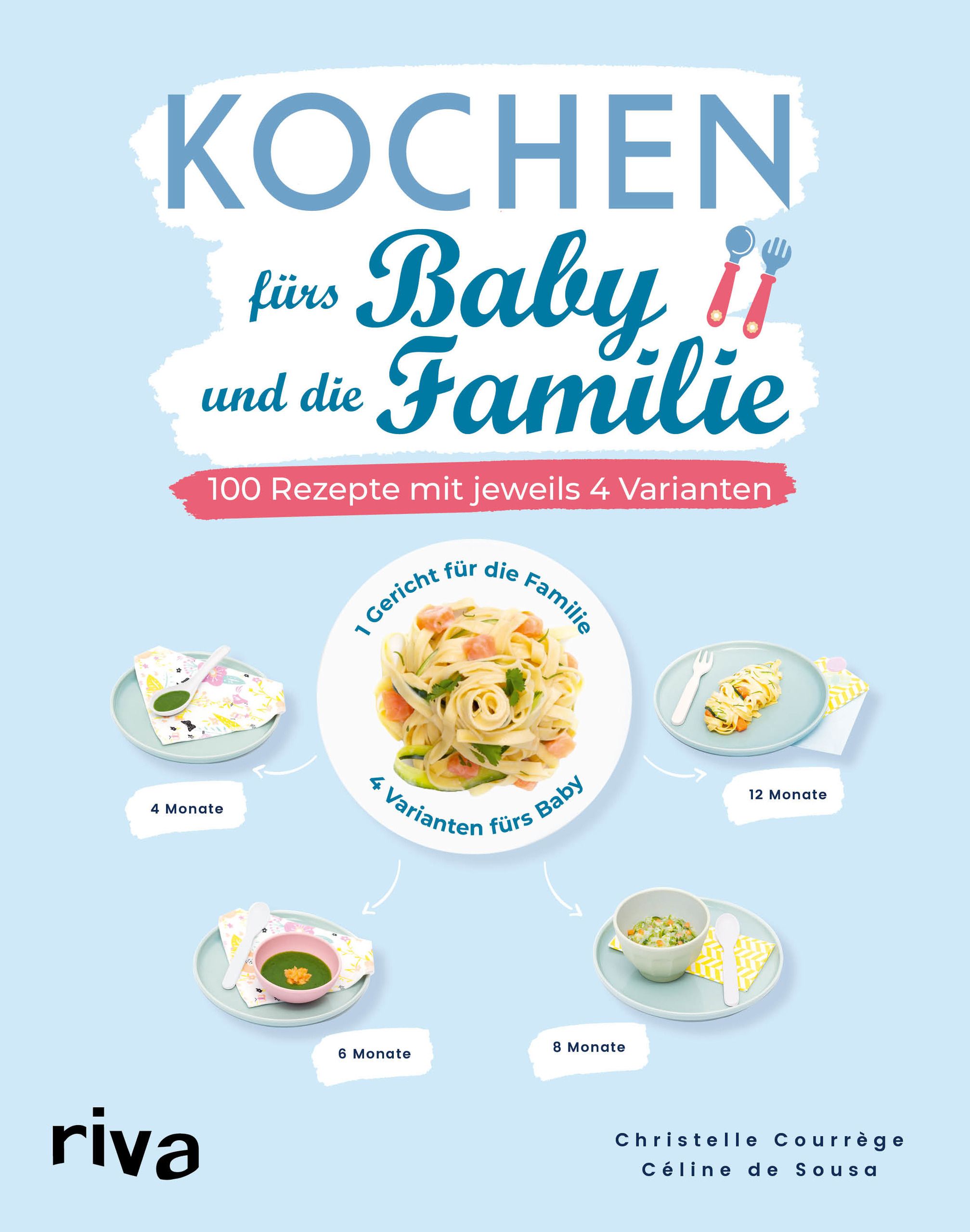 Buchcover: „Kochen fürs Baby und die Familie“. Hellblauer Hintergrund, Illustrationen von Gerichten. Autorinnen: Christelle Courrège, Céline de Sousa.
