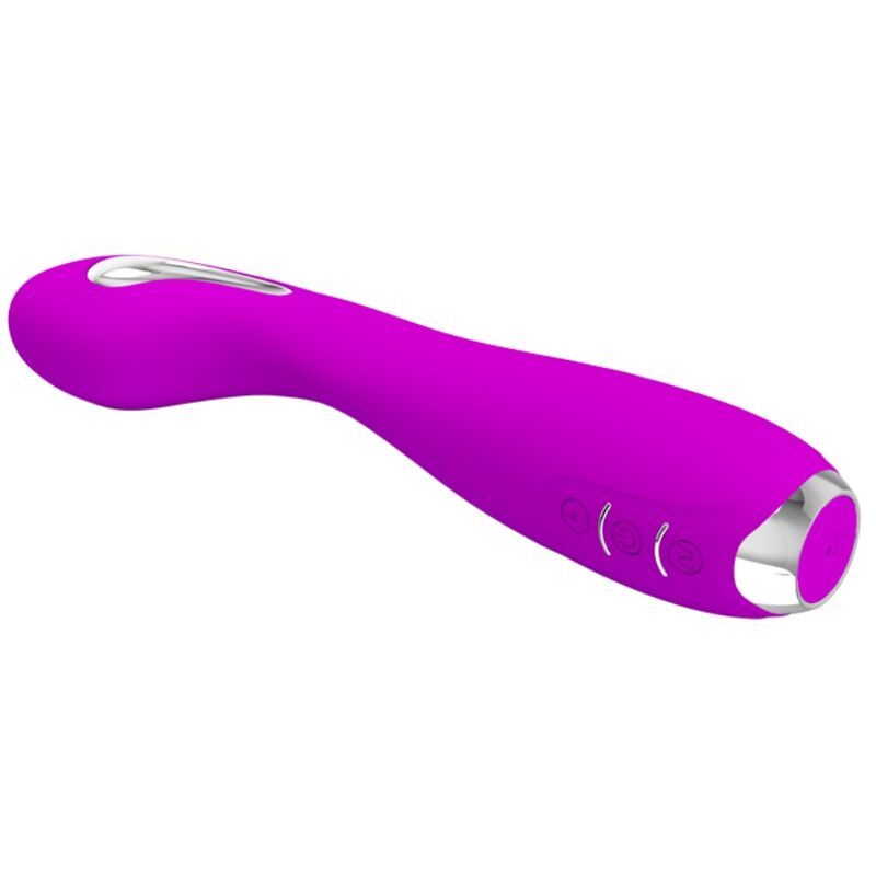 Lila Vibrator mit geschwungener Form. Silberfarbene Akzente an Spitze und Bedienelementen. Drei Knöpfe.