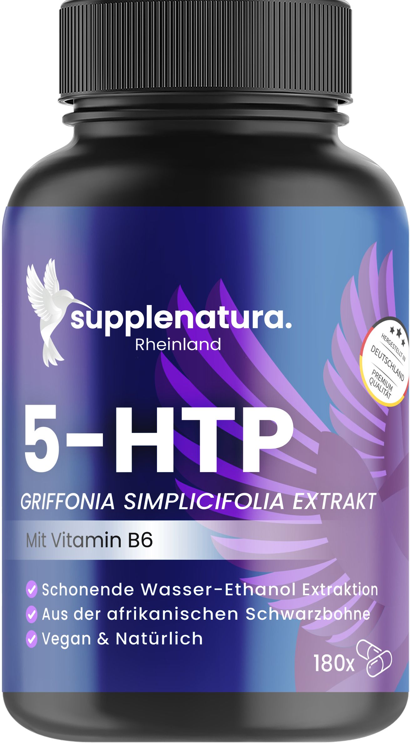 Schwarze Flasche mit 5-HTP-Kapseln. Aufschrift: supplenatura Rheinland, 5-HTP, Griffonia Simplicifolia Extrakt, Vitamin B6. 180 Kapseln.