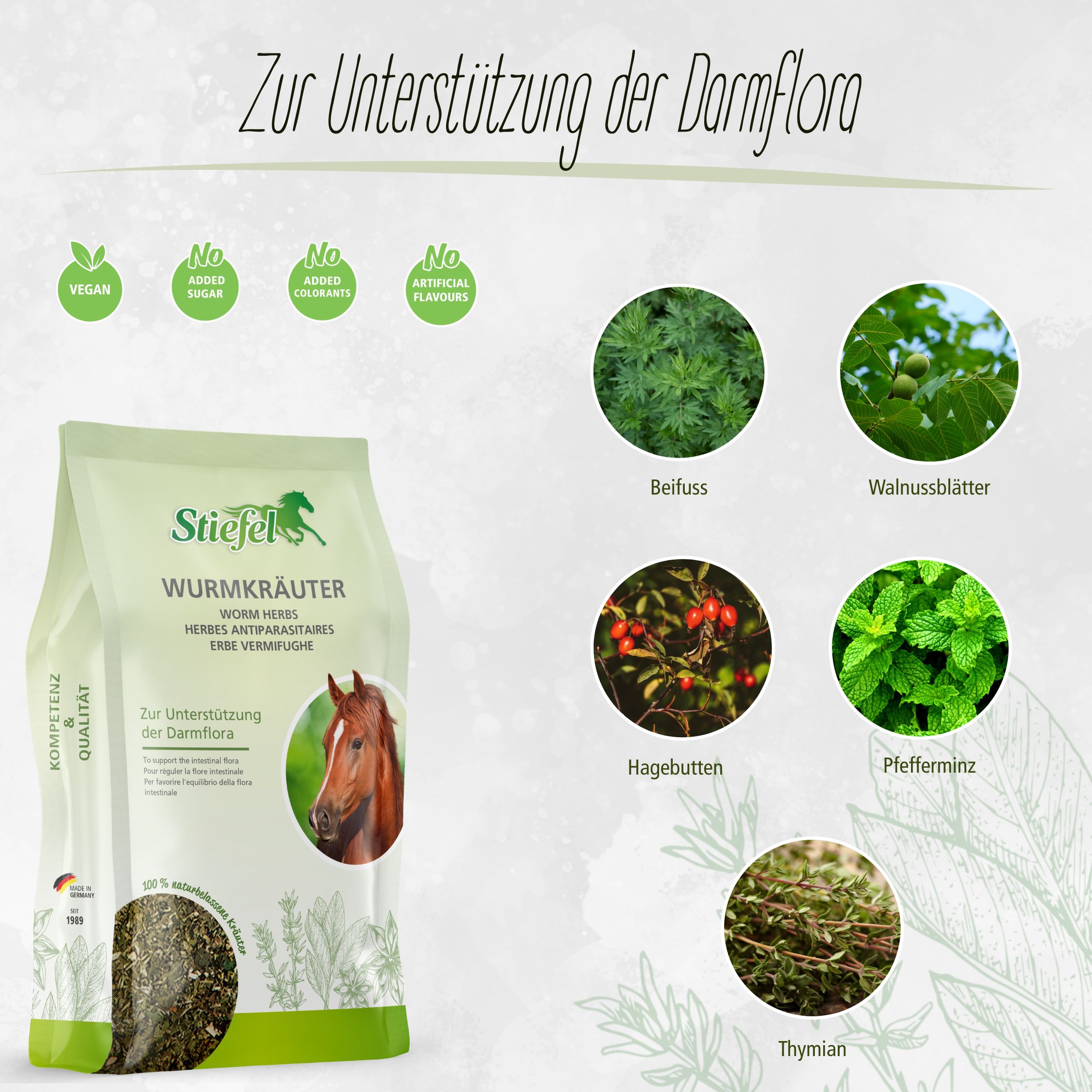 Beutel mit Stiefel Wurmkräuter. Aufschrift: Zur Unterstützung der Darmflora. Abbildungen von Kräutern und einem Pferd.