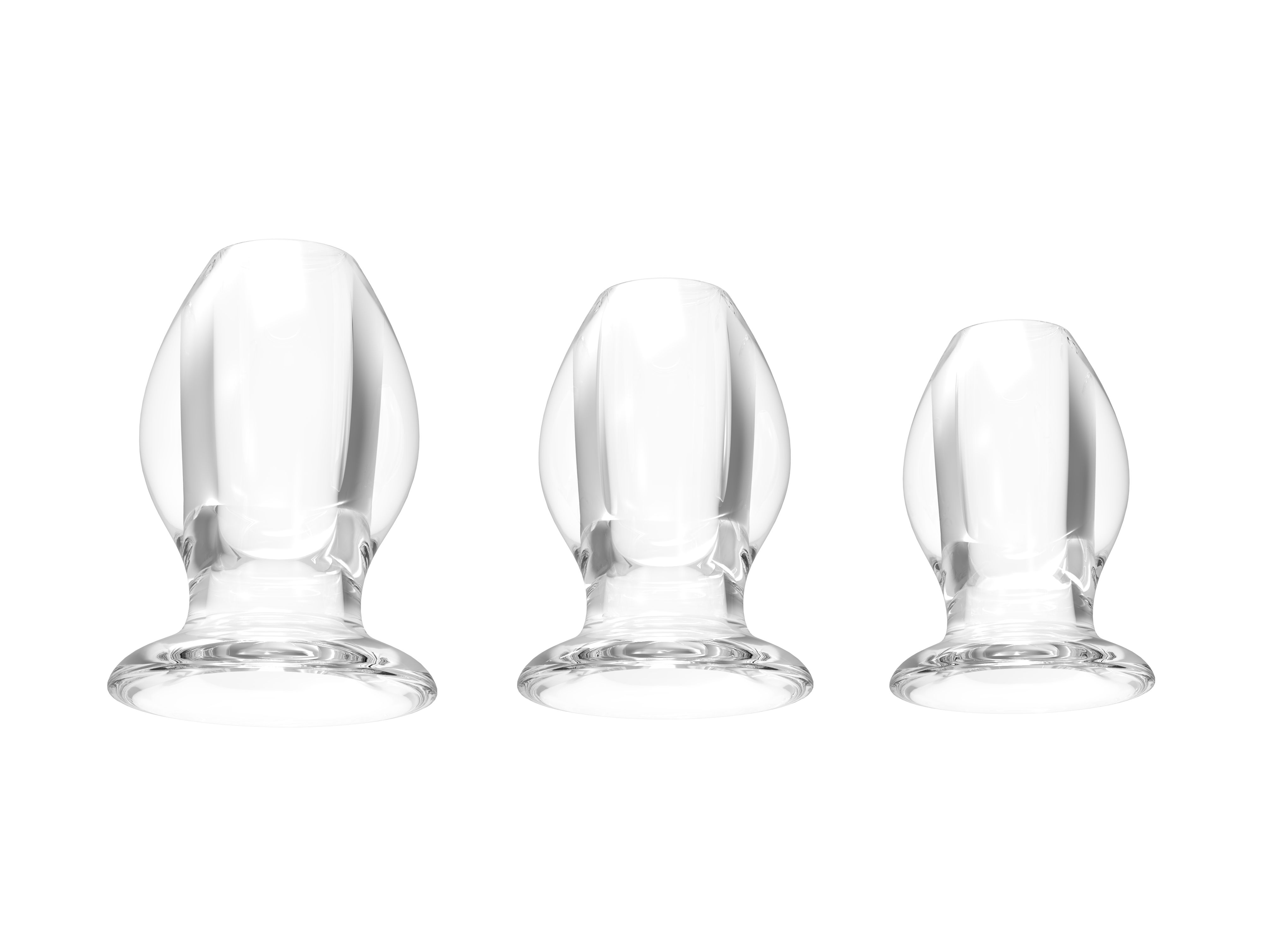 Drei transparente Anal-Plugs in verschiedenen Größen. Sie haben eine ovale Form mit einem breiten Sockel.
