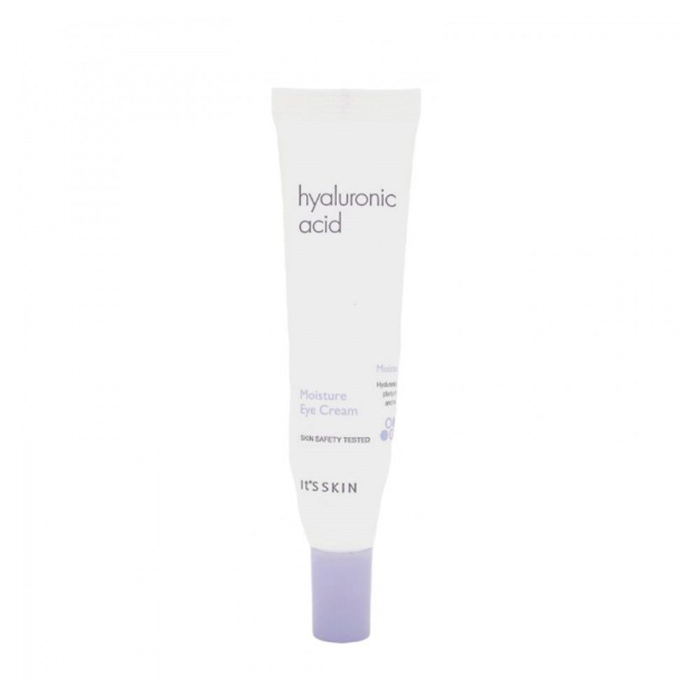 Weißer Tubenbehälter mit Aufschrift "hyaluronic acid" und "Moisture Eye Cream". Unten steht "IT'S SKIN".