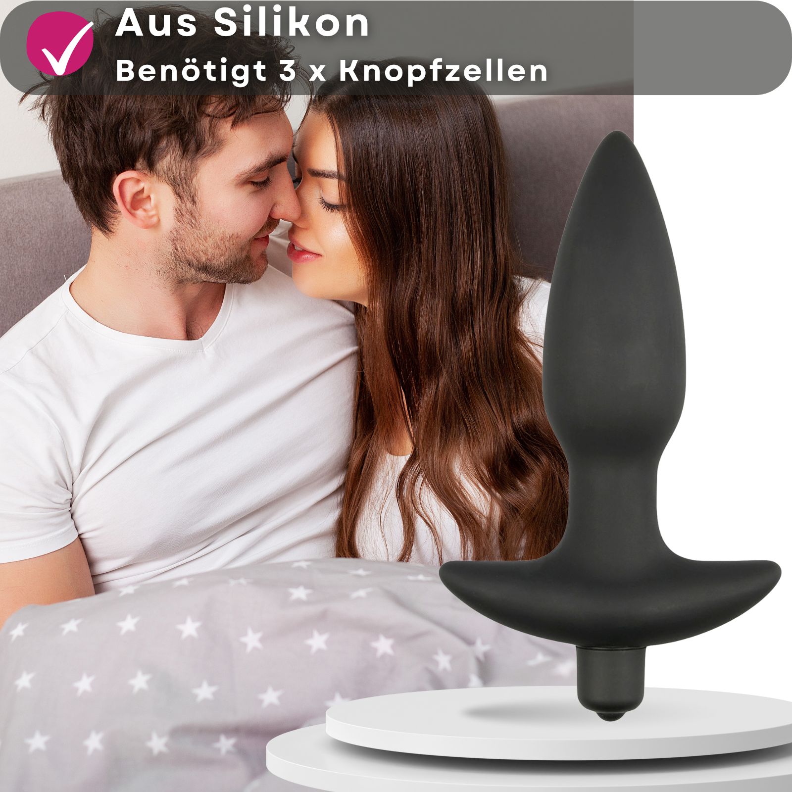 Schwarzer Analplug aus Silikon. Konische Form mit T-förmiger Basis. Text: Aus Silikon, Benötigt 3 x Knopfzellen.