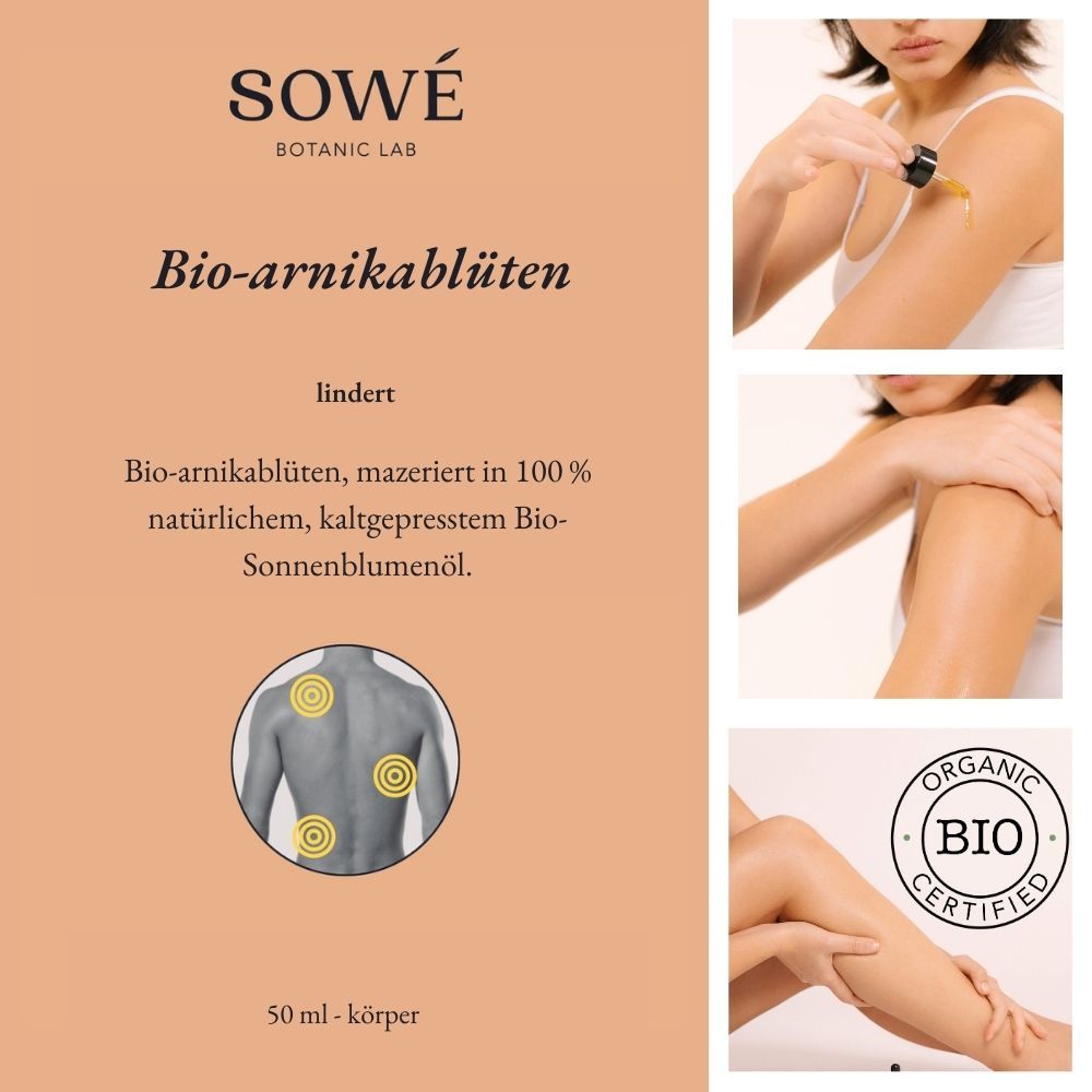 Etikett mit Text und Illustrationen. Aufschrift: SOWÉ, Bio-arnikablüten, 50 ml. Mit Bio-Siegel.