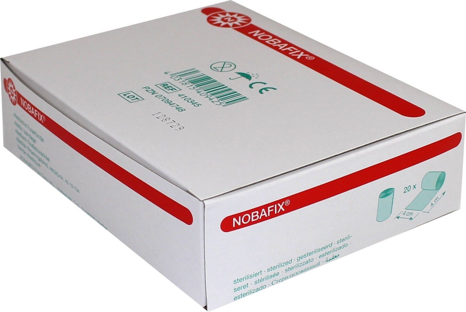 Weiße Verpackung mit roter Schrift und Logo. Aufdruck: NOBAFIX, elastische Fixierbinde. Enthält 20 Stück.