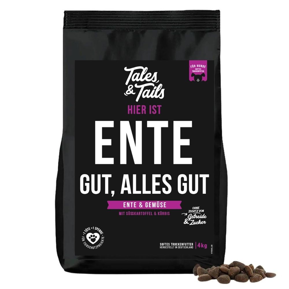Schwarze Tüte mit Aufschrift Tales & Tails. Enthält Trockenfutter mit Ente. Text: Ente gut, alles gut.