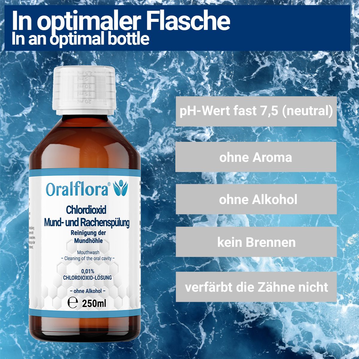 Braune Flasche mit weißem Etikett. Aufschrift: Oralflora Chlordioxid Mund- und Rachenspülung. 250ml. Ohne Aroma, Alkohol.