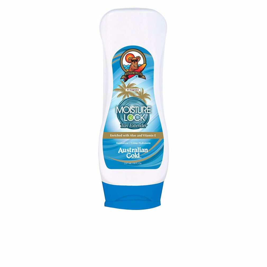 Weiß-blaue Flasche. Aufschrift: Moisture Lock Tan Extender, Australian Gold. Mit Aloe und Vitamin E.