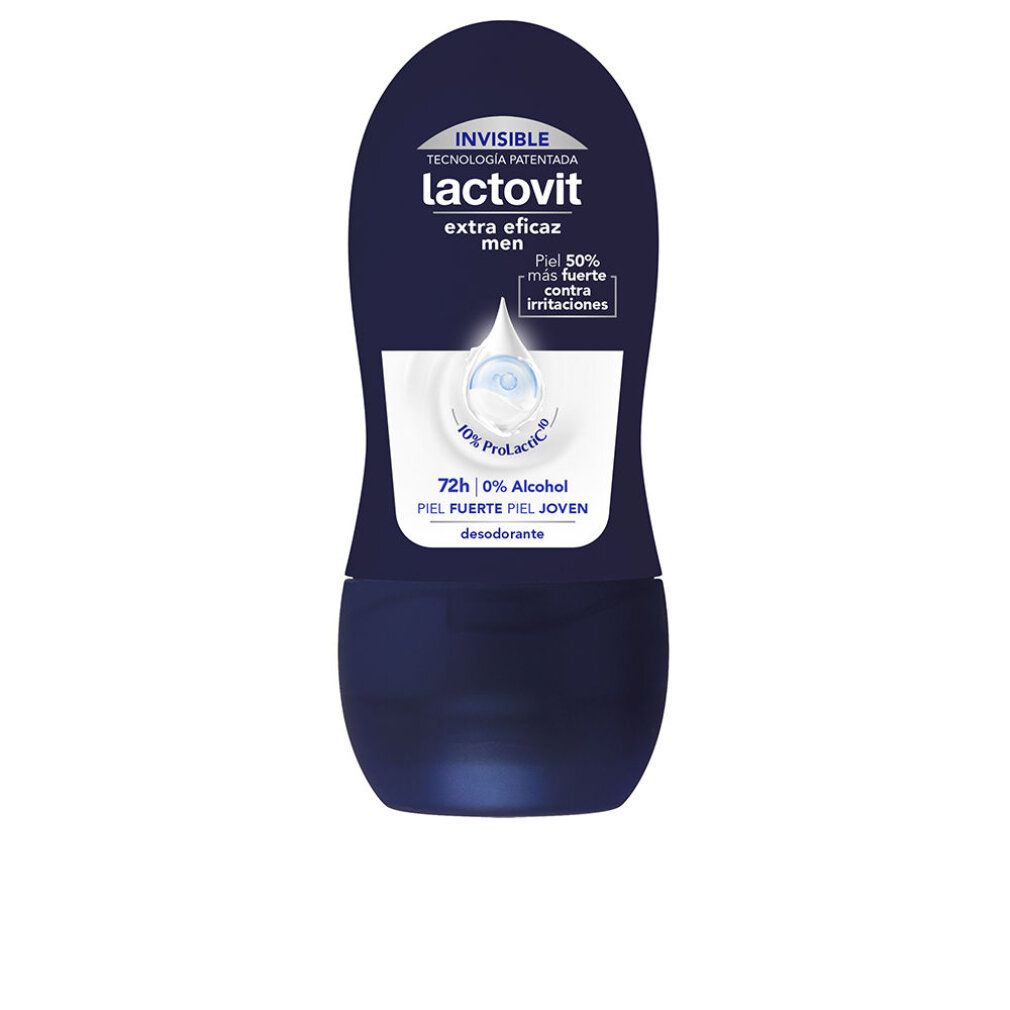 Dunkelblauer Lactovit Hombre Deo Roll-On, unsichtbar, 72h Schutz, 0% Alkohol.