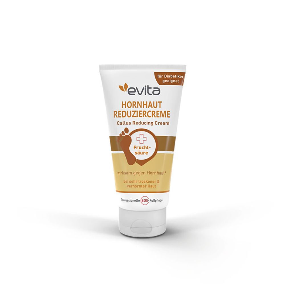 Creme-Tube mit Produktnamen und Logo. Text: Hornhaut Reduziercreme, für Diabetiker geeignet. Enthält Fruchtsäure.