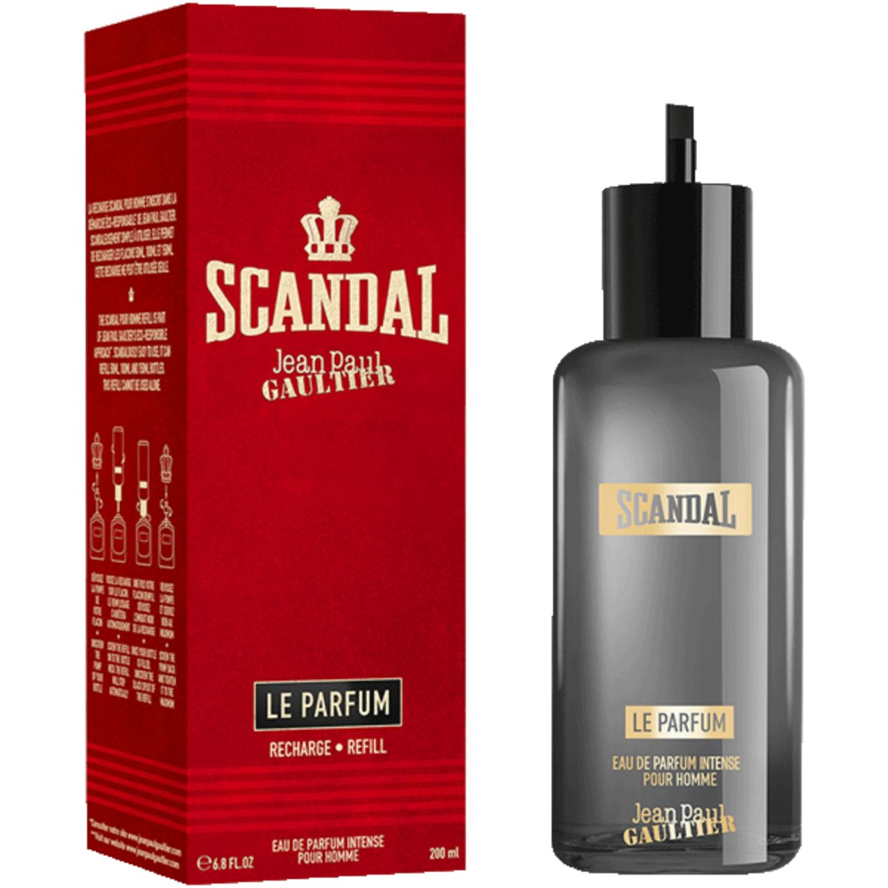 Graue Parfumflasche mit schwarzem Verschluss und roter Verpackung. Aufschrift: Scandal Le Parfum, Jean Paul Gaultier. Refill.