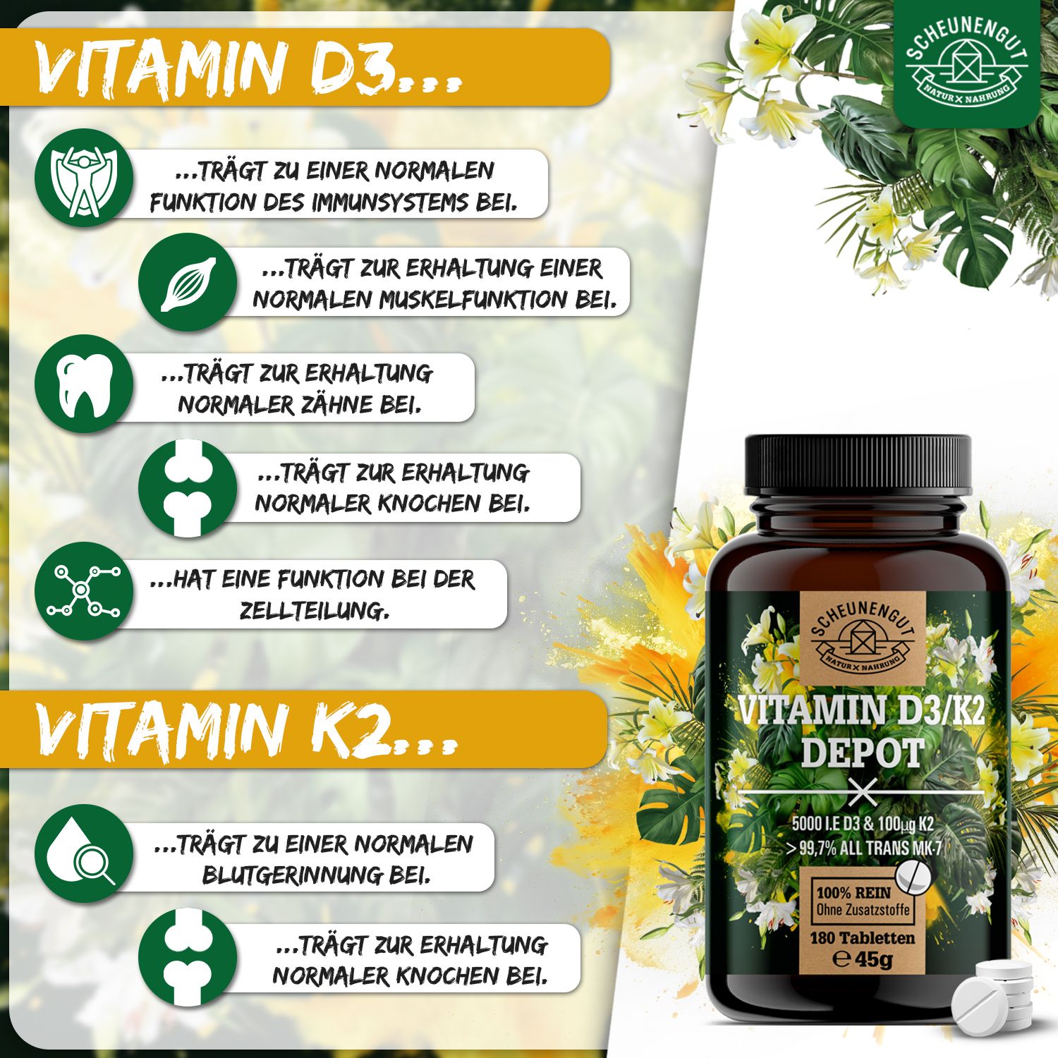 Braune Flasche mit Vitamin D3/K2 Depot Tabletten. Text: Vitamin D3, Vitamin K2. Grün-weiße Grafik. Scheunengut Logo.