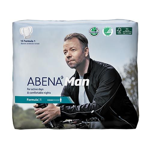 Verpackung mit Abena Man Formula 1. Mann auf der Verpackung. 15 Stück. Blauer Schutzschild. FSC-Zertifizierung.