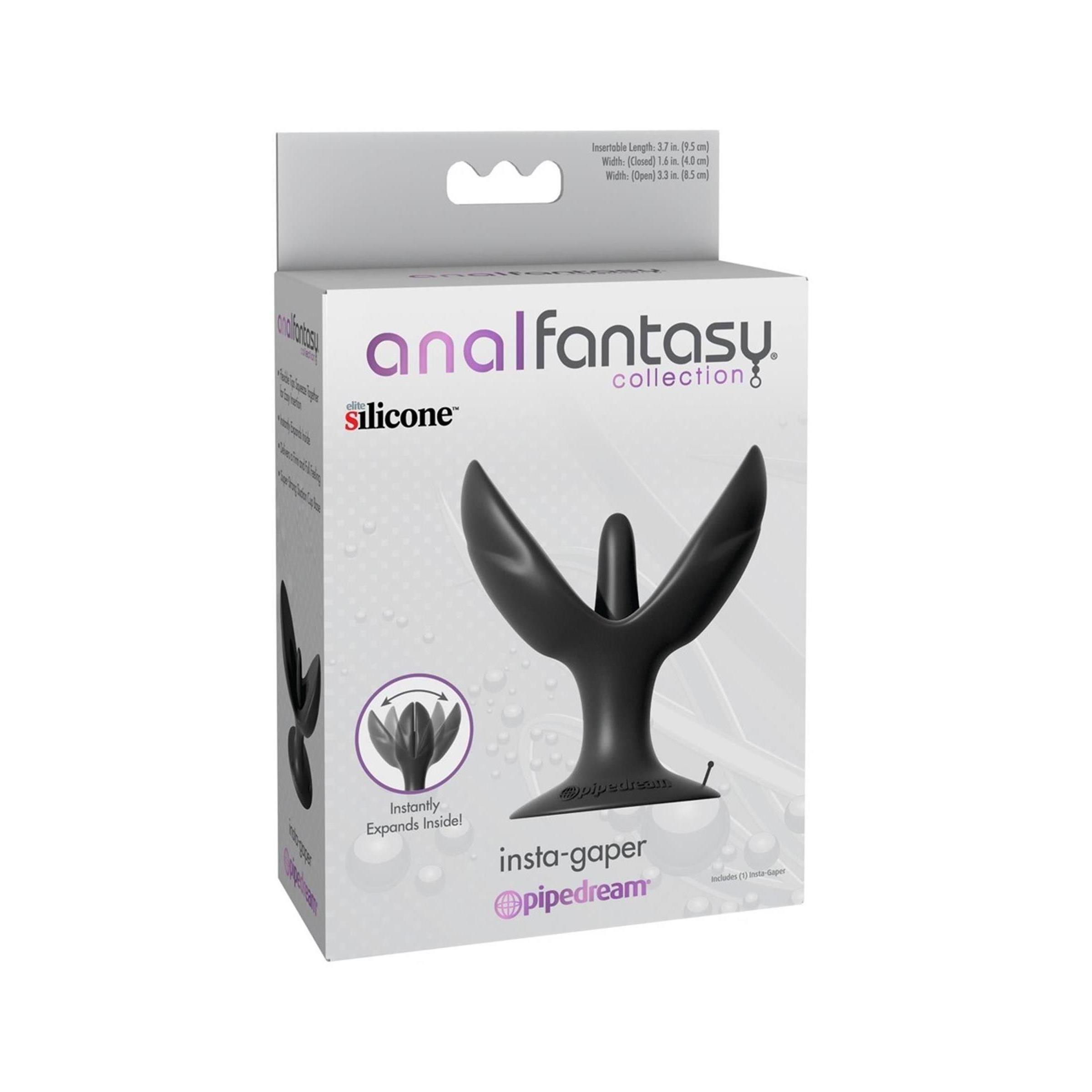 Verpackung mit Wellness-Produkt. Schwarzes Produkt mit zwei Flügeln. Text: Anal Fantasy Collection, Insta-Gaper.