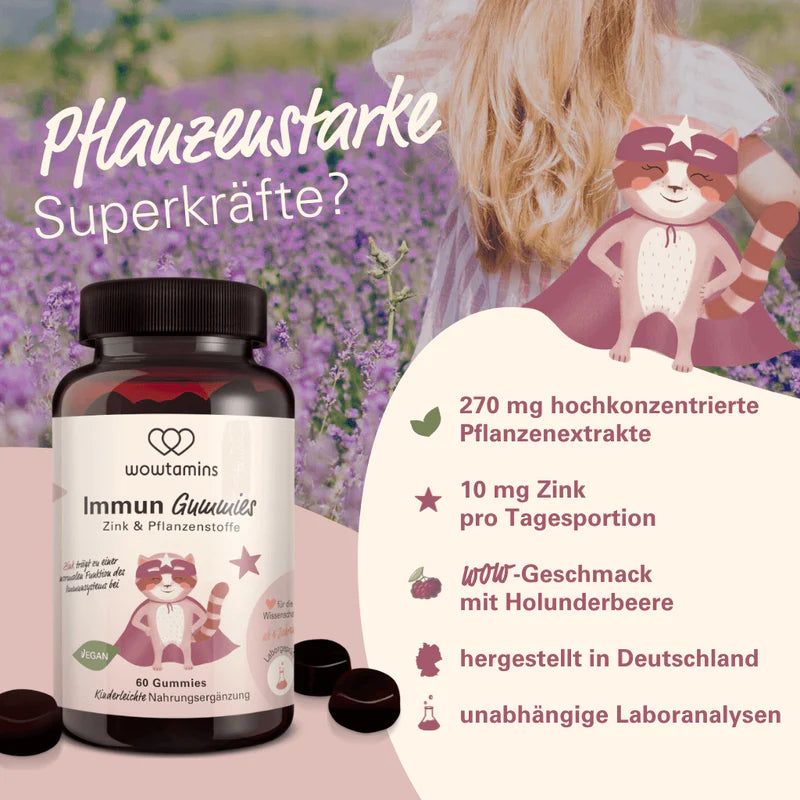 Braune Flasche mit schwarzem Deckel. Aufkleber mit "wowtamins Immun Gummies" und Illustrationen. 60 Gummies.