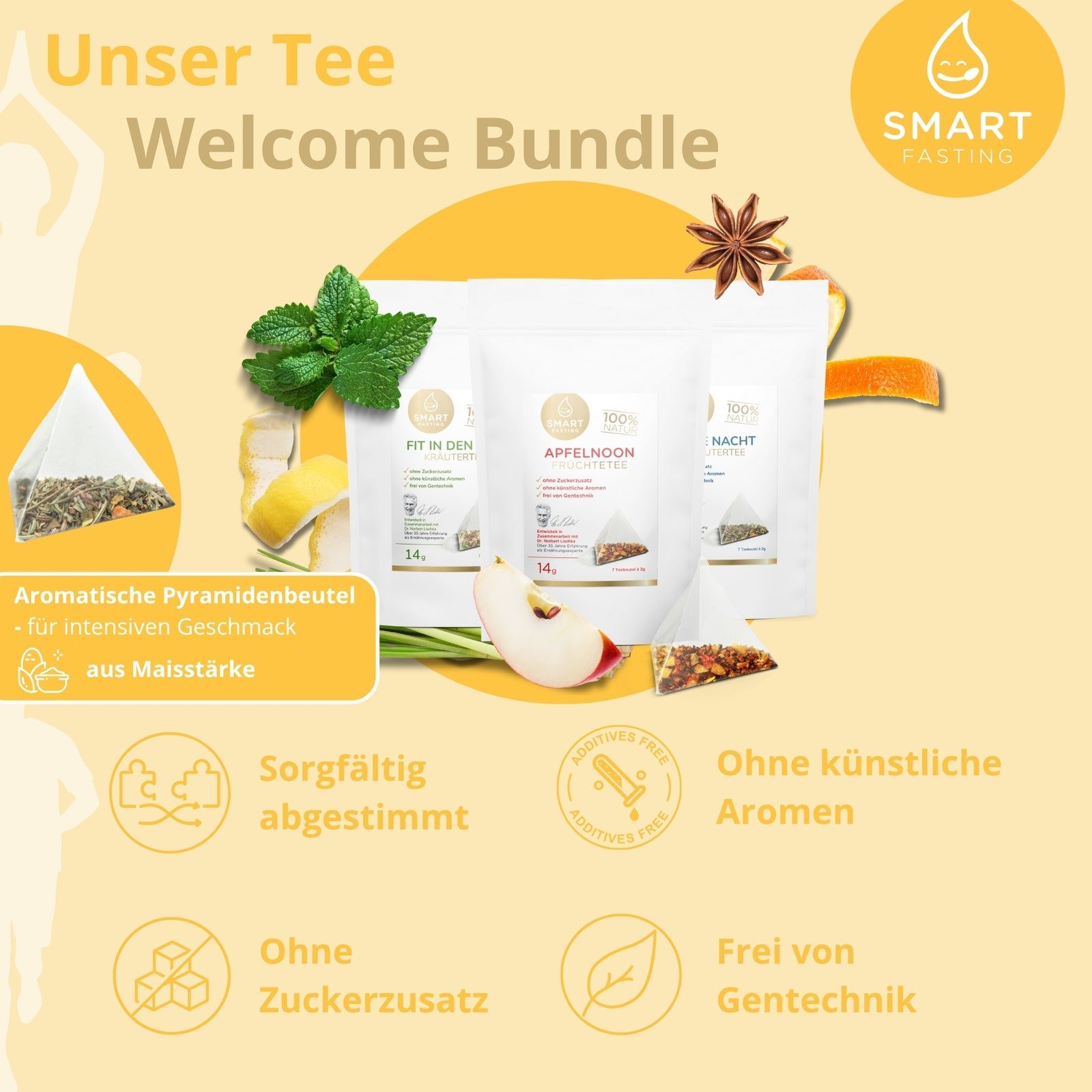 Verschiedene Teebeutel und -packungen. Aufschrift: Smart Fasting Welcome Bundle. Zutaten wie Minze, Zitrone und Apfelstücke.