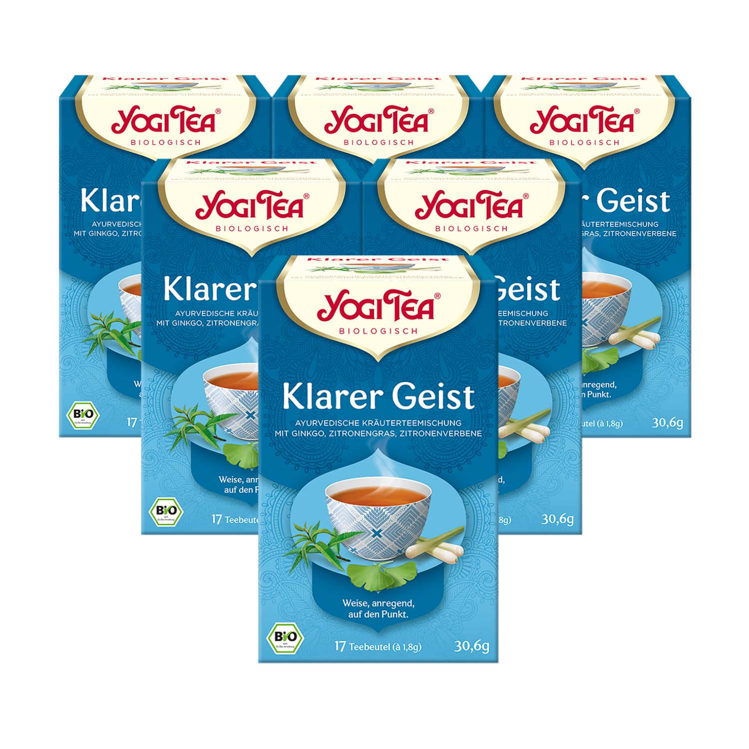 Mehrere Packungen Yogi Tea - Klarer Geist. Blaue Verpackung mit Logo und Produktbezeichnung. Bio-Siegel.