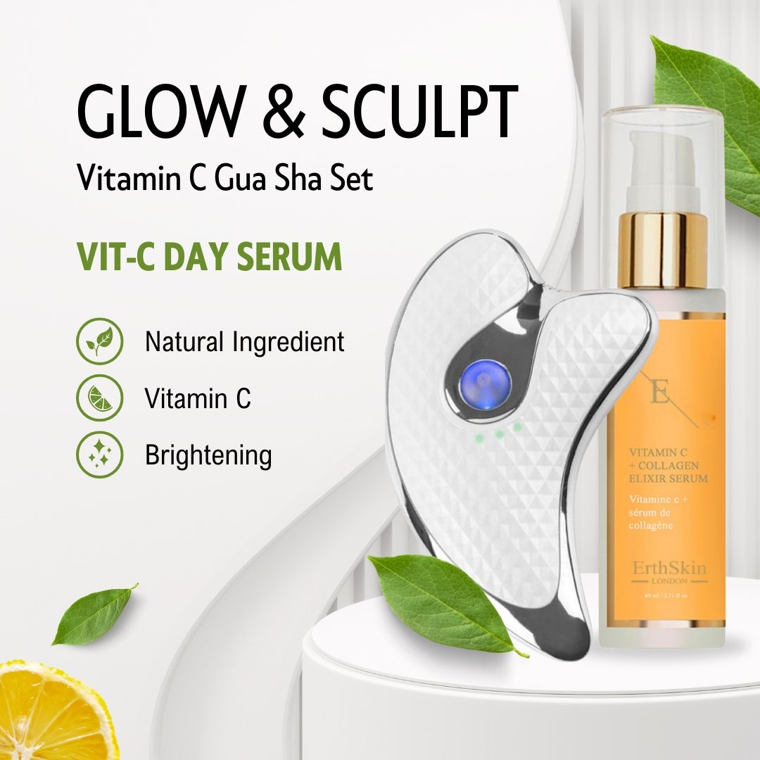 Gua Sha Massagegerät und Serum. Silberfarbenes Gerät, gelbes Serum mit goldfarbenem Deckel. Produktname und Inhaltsstoffe.