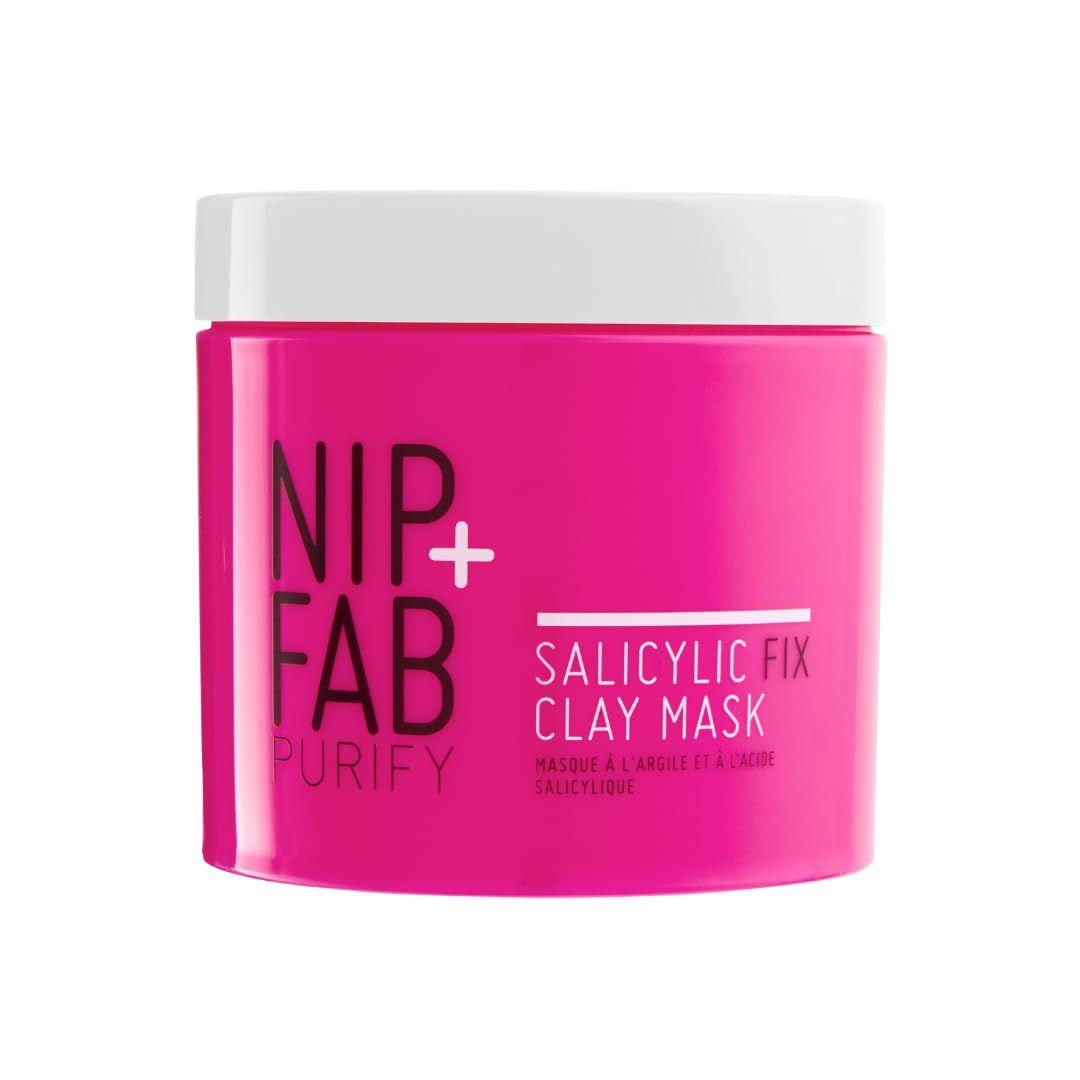 Rosa Tiegel mit weißem Deckel. Aufschrift: NIP+FAB, PURIFY, SALICYLIC FIX CLAY MASK.