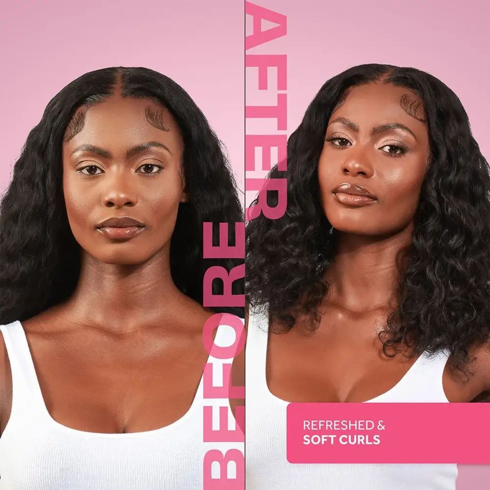 Vorher-Nachher-Bild. Zwei Frauen mit Locken. Text: Before, After, Refreshed & Soft Curls.