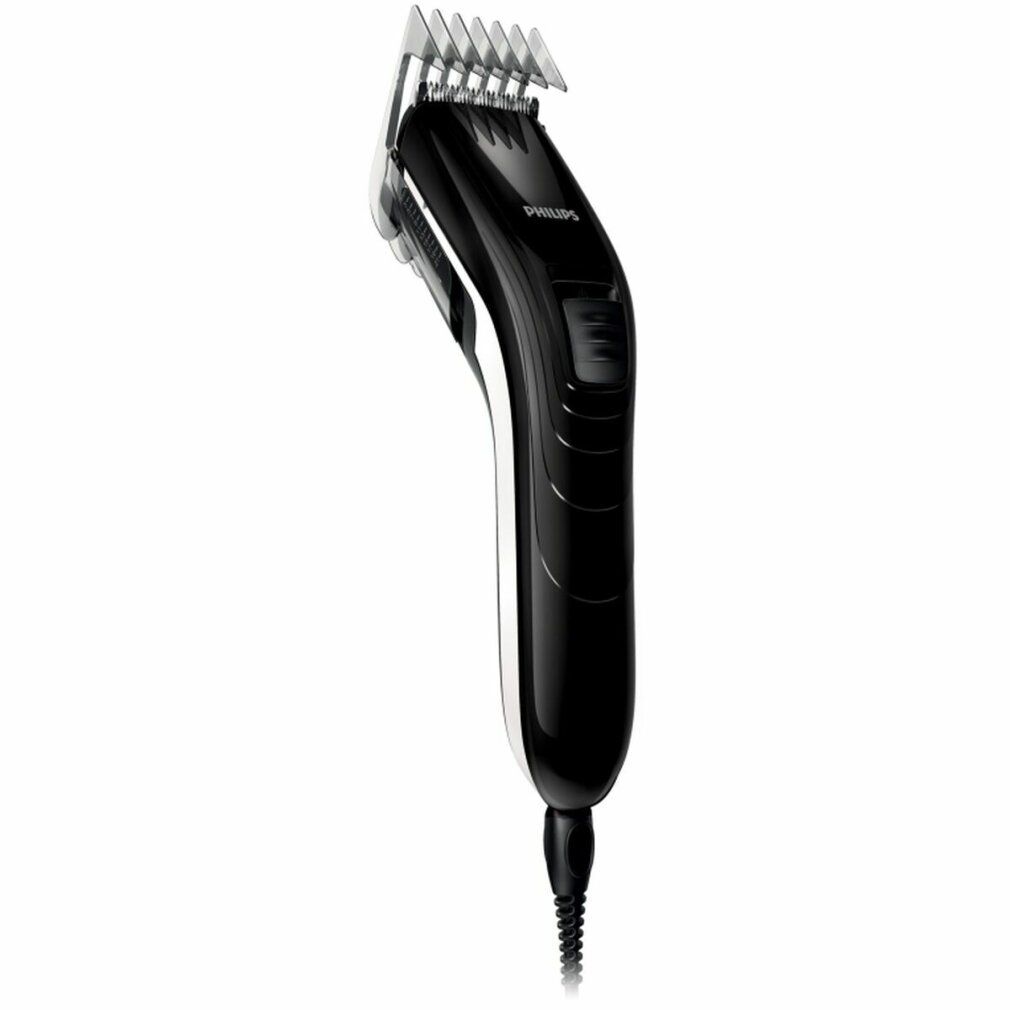 Schwarzer Bart- und Haarschneider mit silbernen Klingen. Das Gerät hat einen schwarzen Griff und ein Kabel.