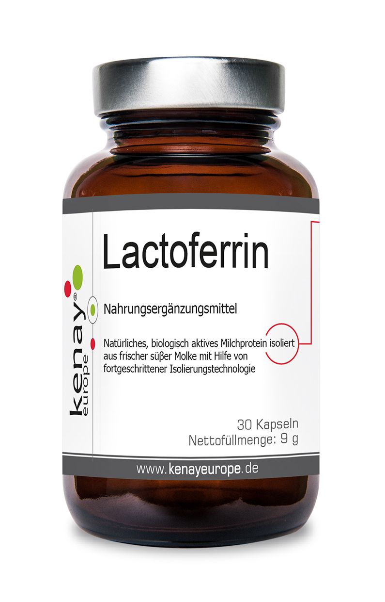 Braune Glasflasche mit Kapseln. Etikett mit "Lactoferrin" und "kenay europe" Logo. 30 Kapseln.