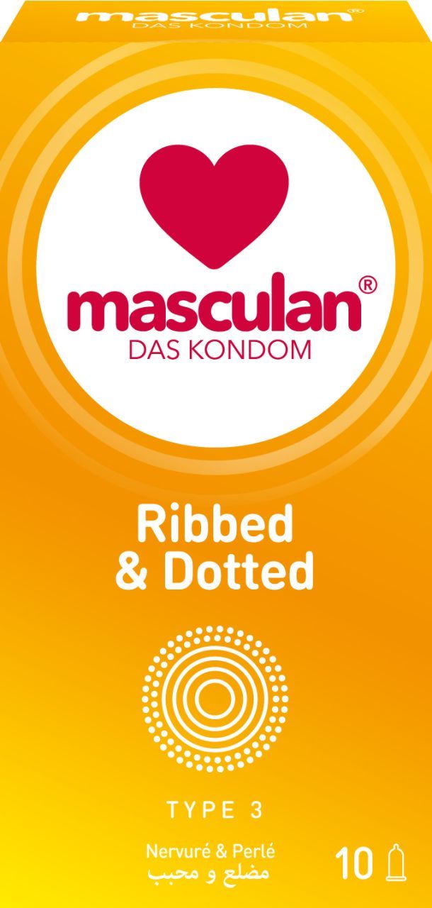 Packung von Masculan Typ 3 Kondomen, gerippt und punktiert.