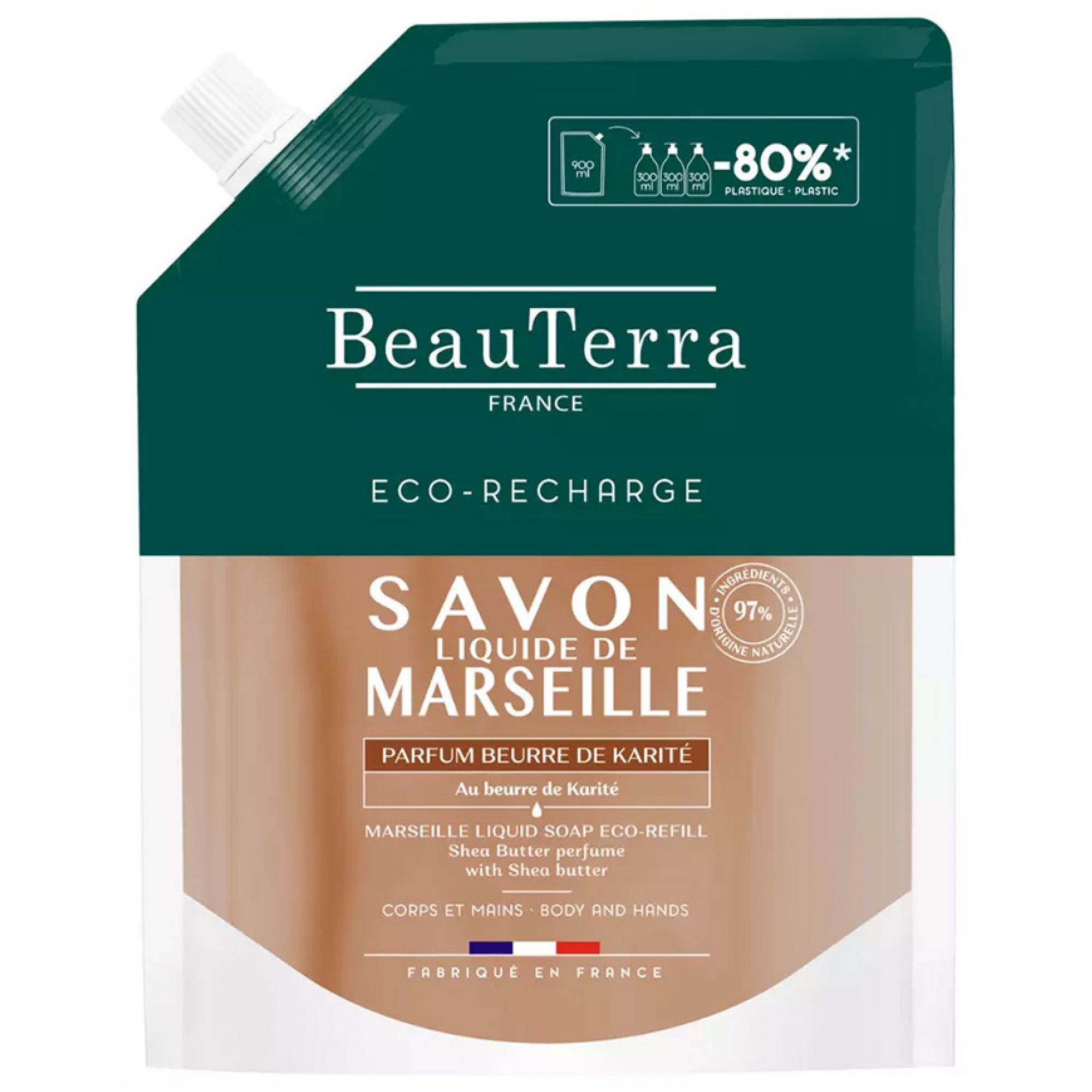 BeauTerra Marseille Flüssigseife mit Sheabutter, Öko-Nachfüllpackung 16,3x8x23,2 cm