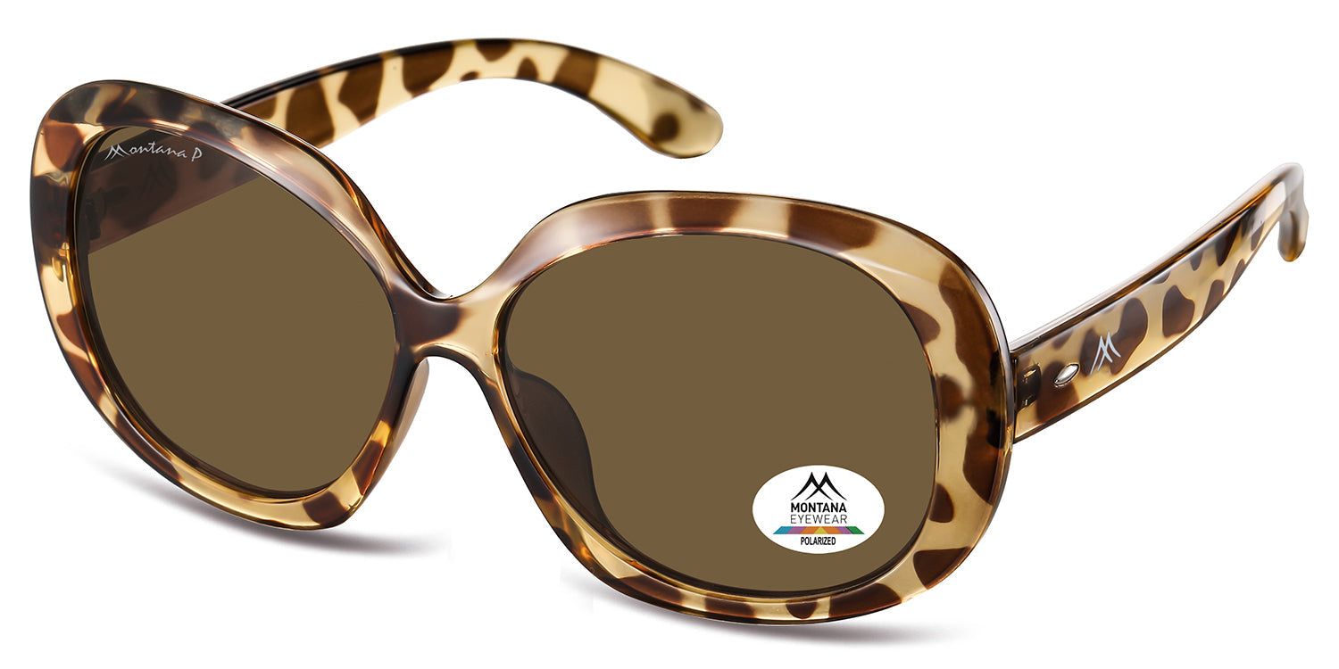 Sonnenbrille mit braunen Gläsern und braun-beige Leopardenmuster-Rahmen. Logo und Polarized-Aufkleber. Montana Eyewear.