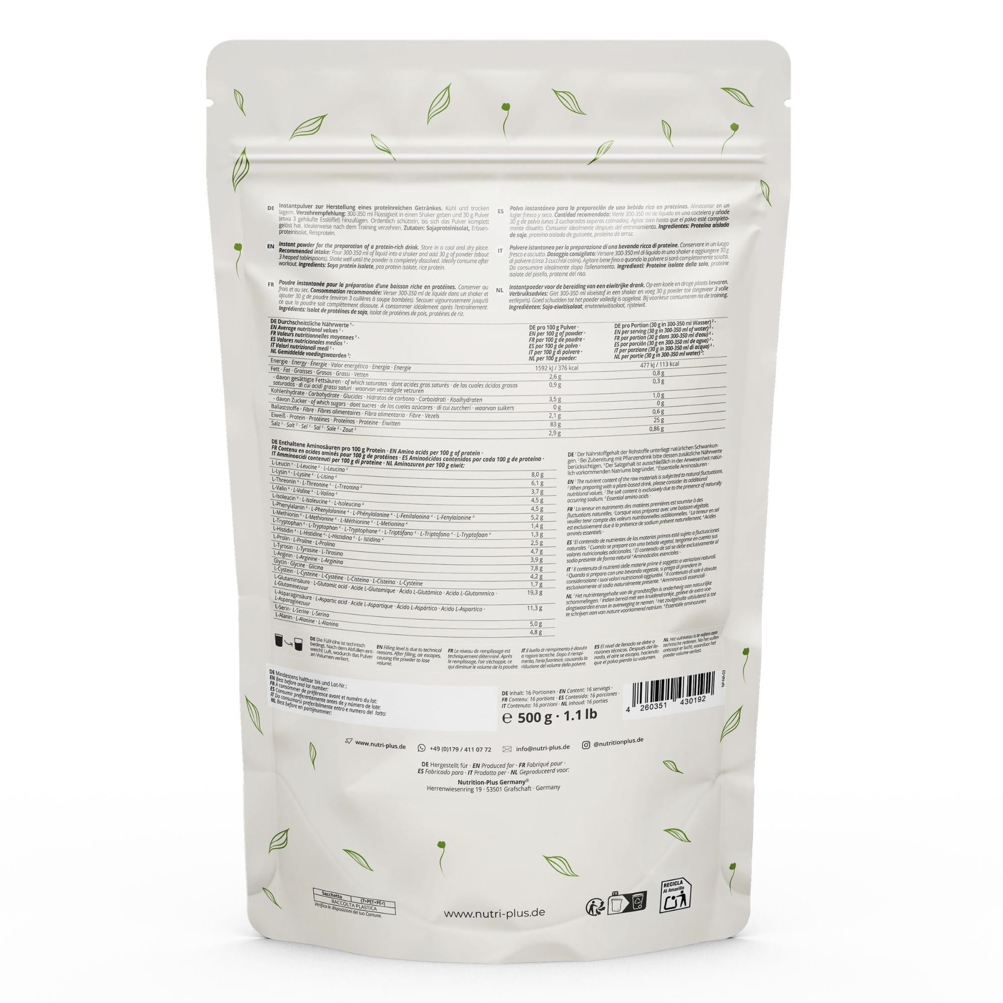 Anleitung: nutri+ Nature's Protein mit 300ml Flüssigkeit und optional Süßungsmittel mischen für einen Shake.