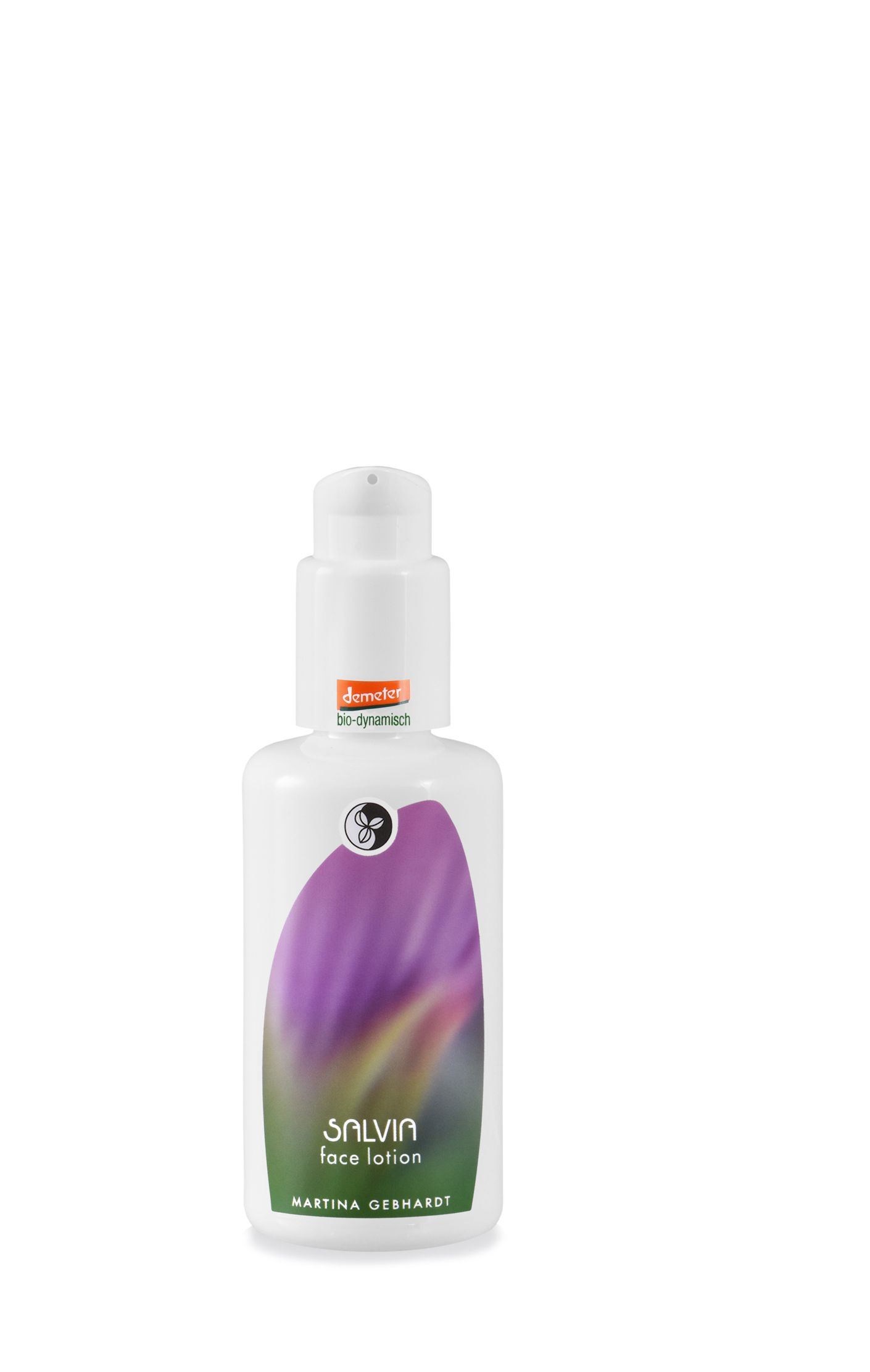 Flacone bianco con dosatore. Scritta SALVIA face lotion e Martina Gebhardt. Sigillo Demeter.