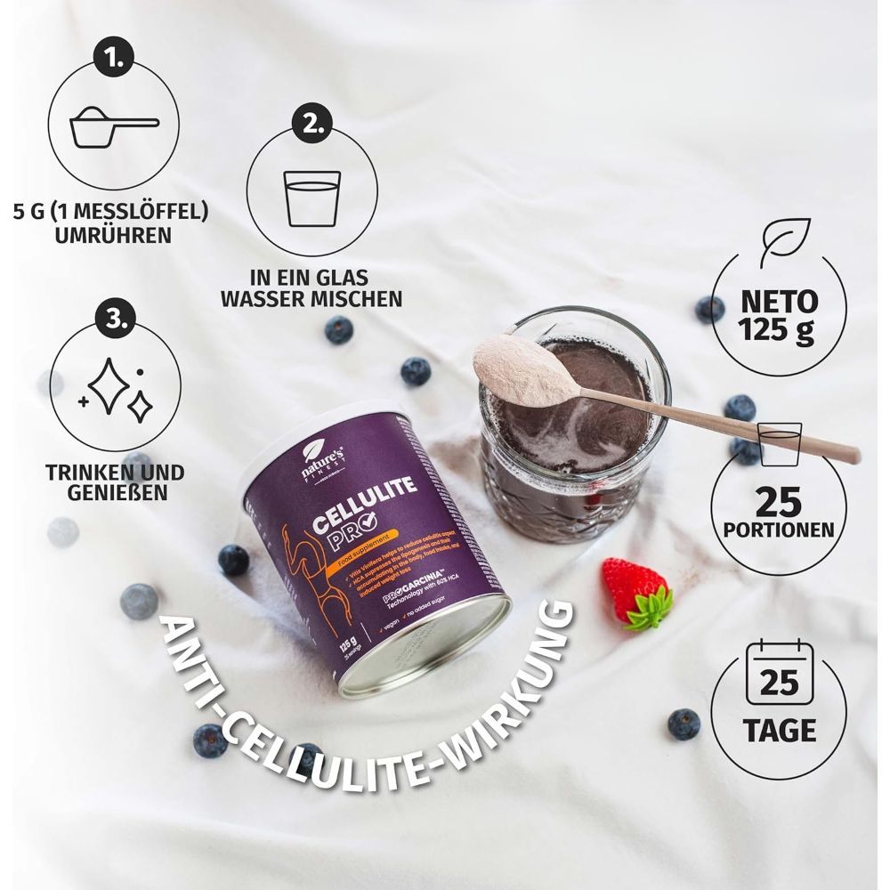 Istruzioni per la preparazione. Barattolo Nature's Finest Cellulite PRO, 125g. Mescolare gli ingredienti in un bicchiere d'acqua. 25 porzioni.