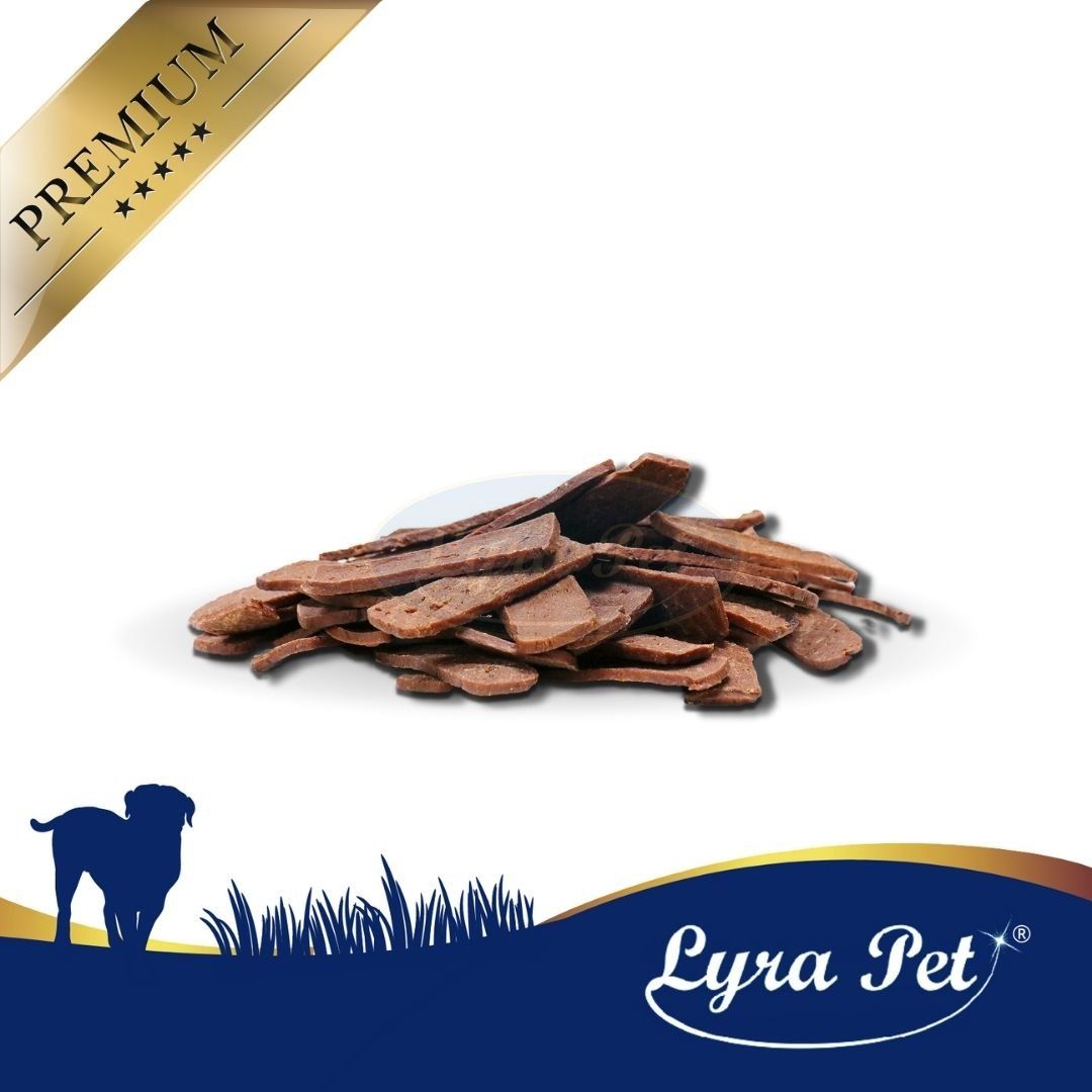 Haufen brauner, unregelmäßig geformter Streifen. Aufschrift "Lyra Pet". Premium-Banner.