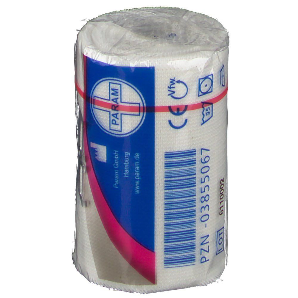 Elastische Binde PARAM Idealbinde S, in Zellglas verpackt. Blaue Verpackung mit Logo. Rotes Gummiband. Aufschrift: PZN-03855067.